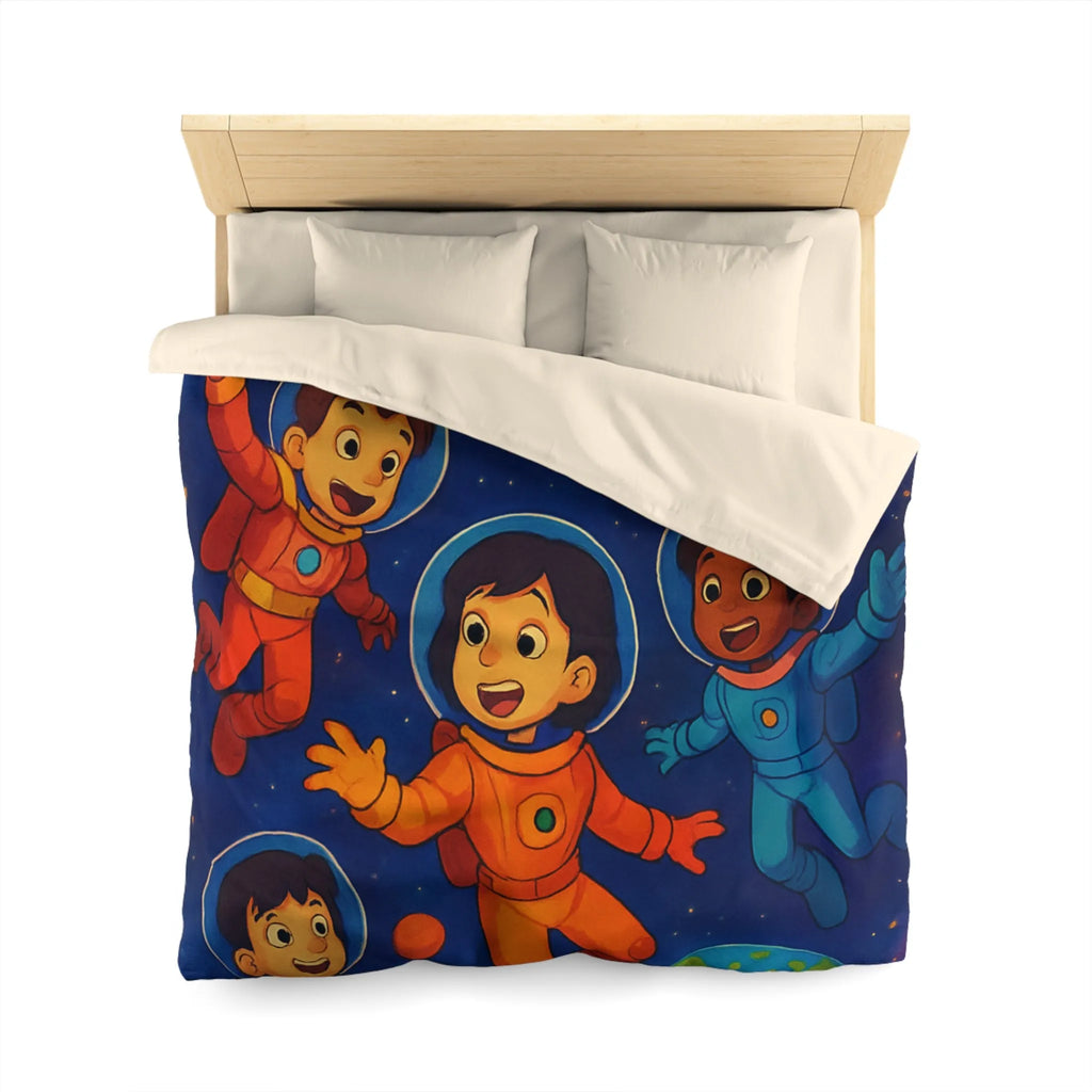 Housse de couette enfants avec astronautes joyeux flottant dans l'espace coloré et planètes