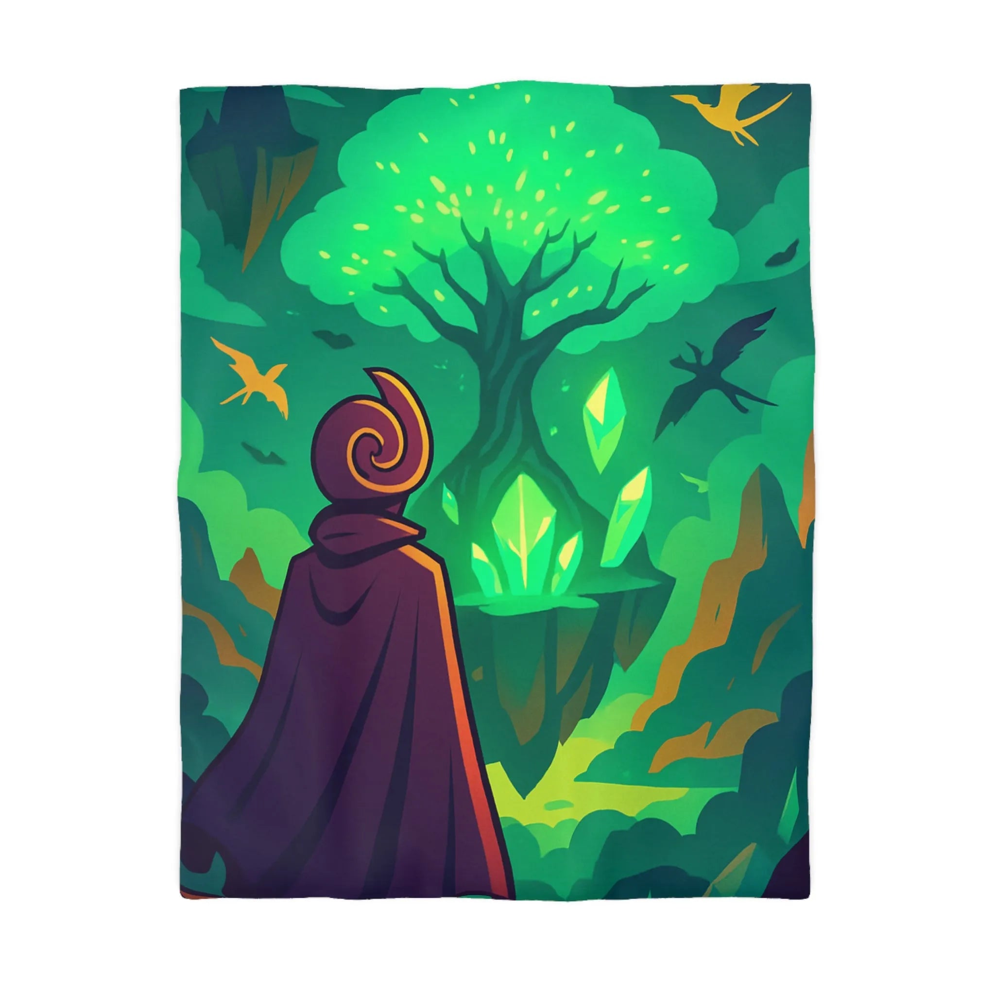 Housse de couette magique avec arbre brillant flottant, créatures volantes et paysages féeriques