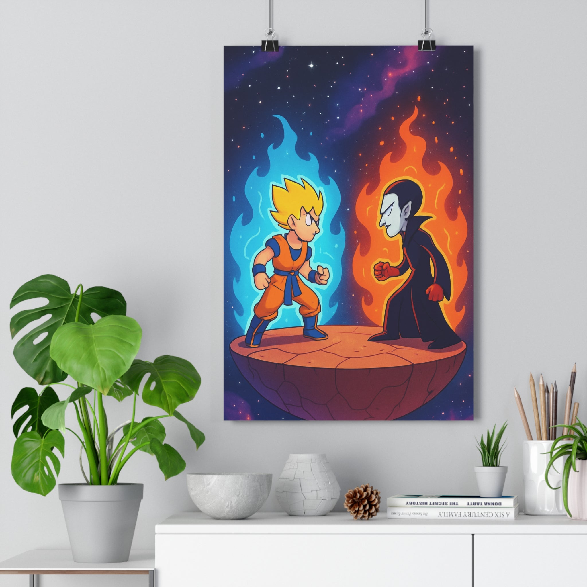 Poster décoratif animé bleu orange vibrant chambre salon dynamique cosmique ambiance moderne aventure captivant