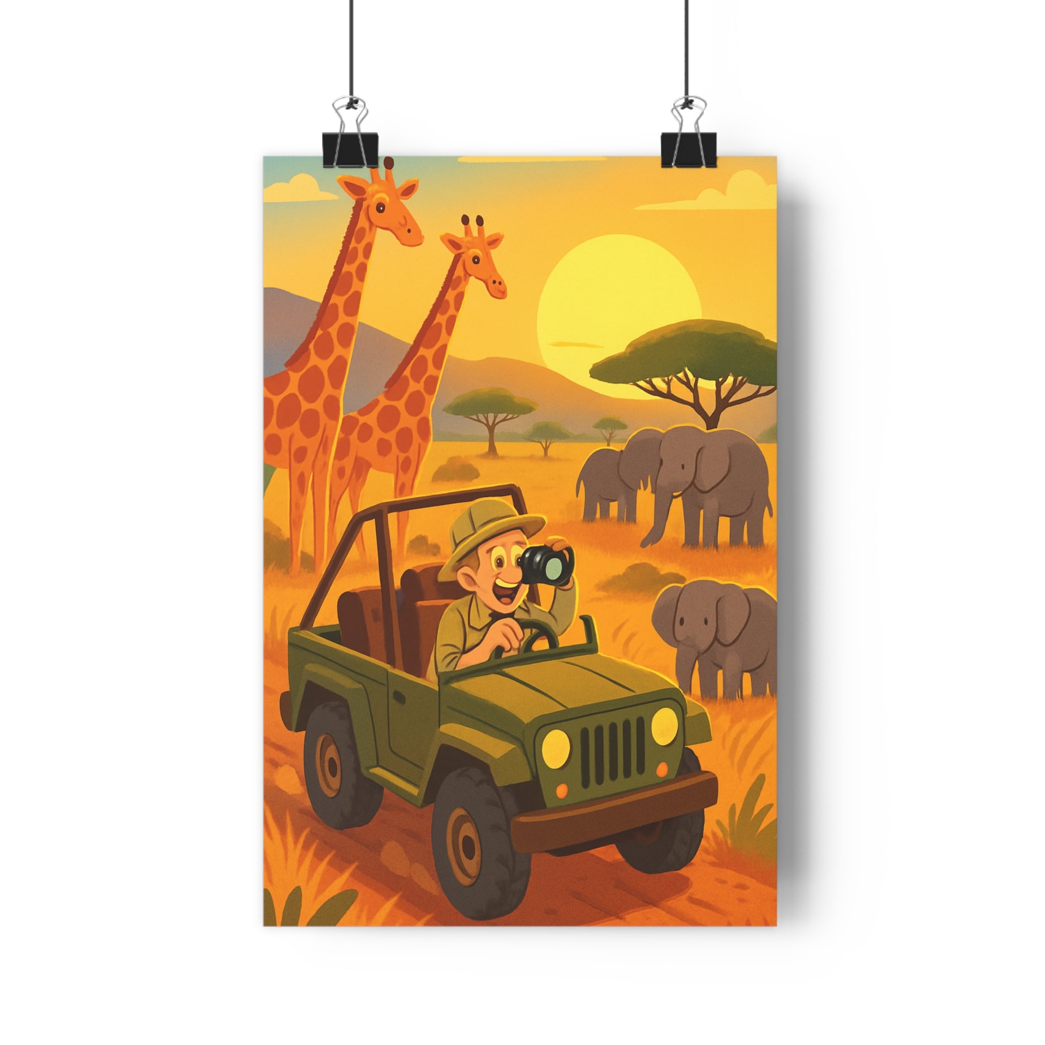 Poster décoratif aventure safari explorateur jeep verte girafes éléphants savane coucher soleil chambre salon