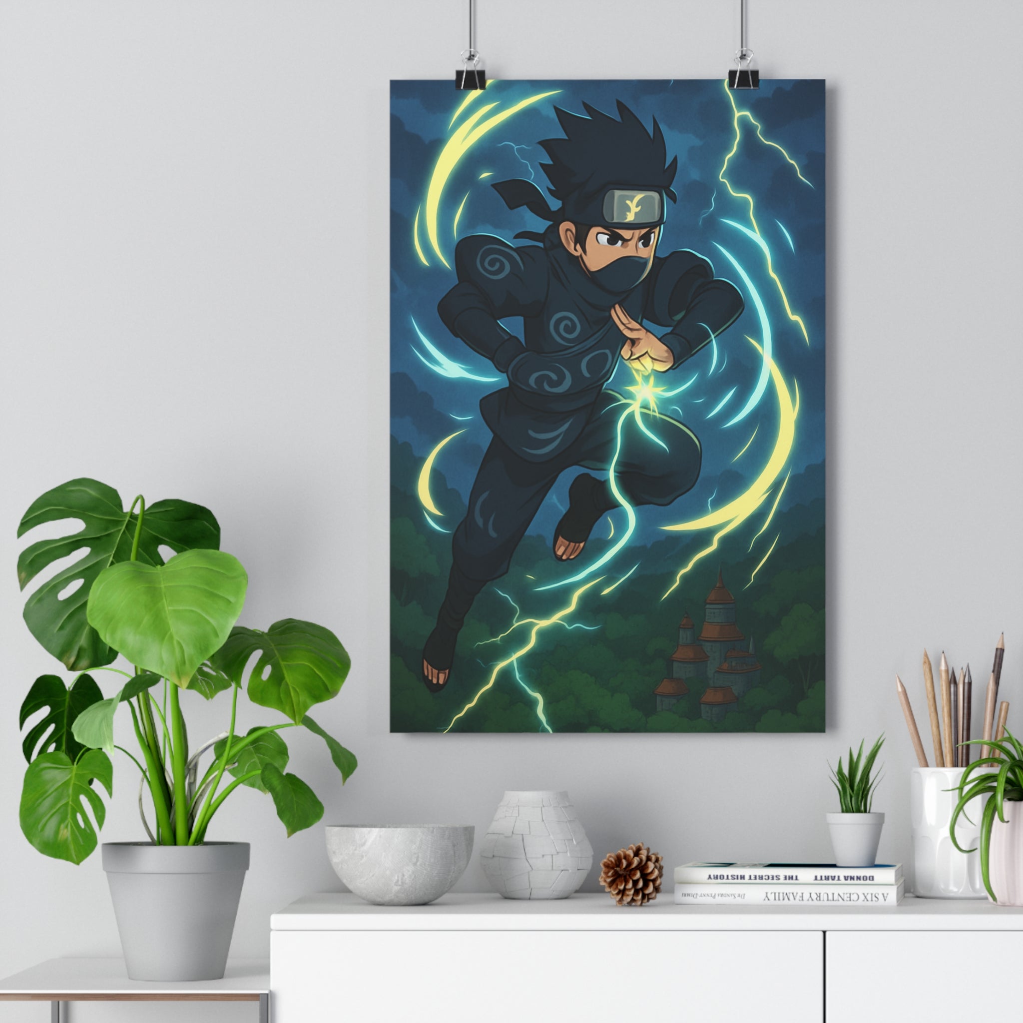 Poster décoratif ninja action anime couleurs vives dynamique chambre bureau éclairs vent 30x46 cm
