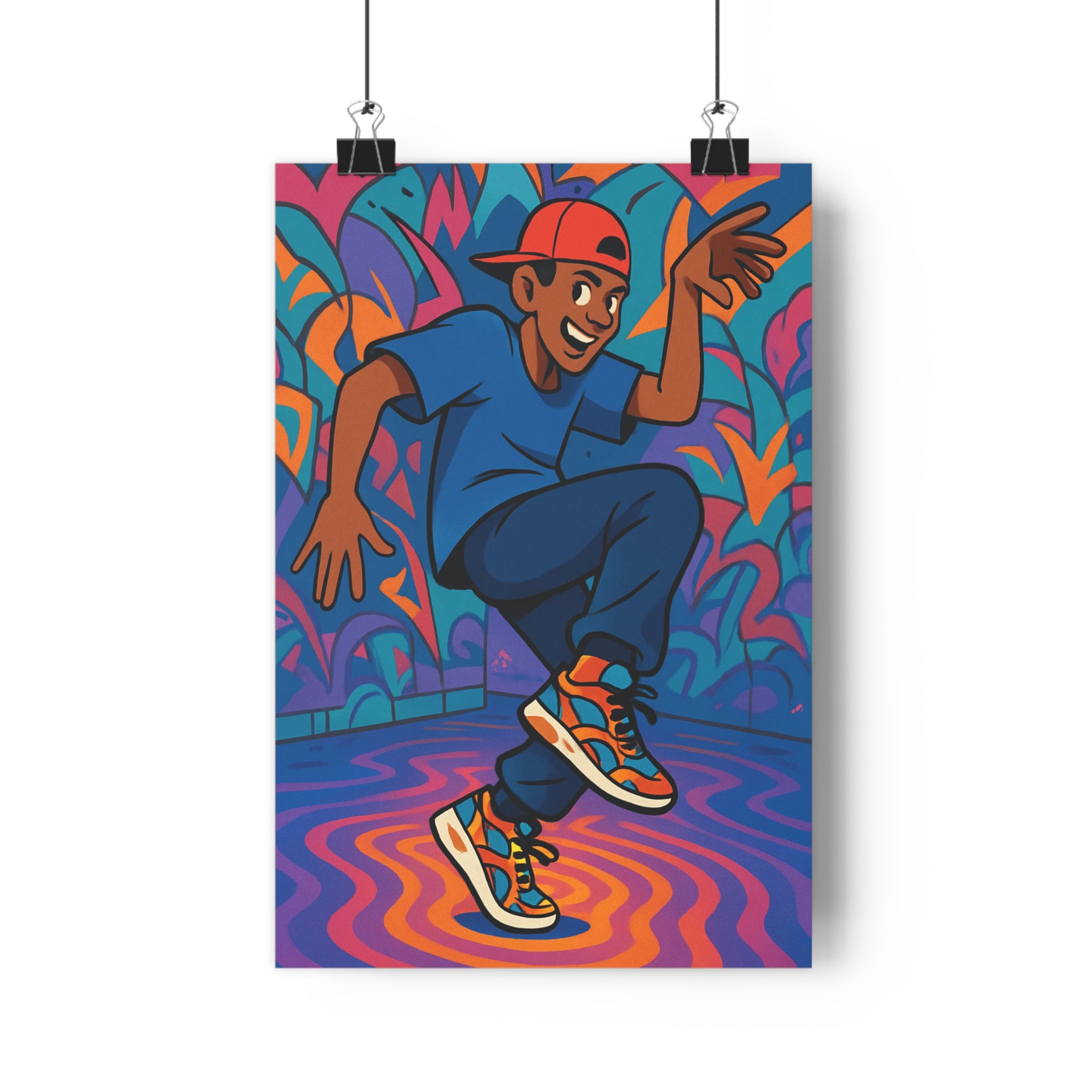 Poster décoratif garçon danse cartoon urbain bleu orange rose vibrant moderne chambre enfant dynamique