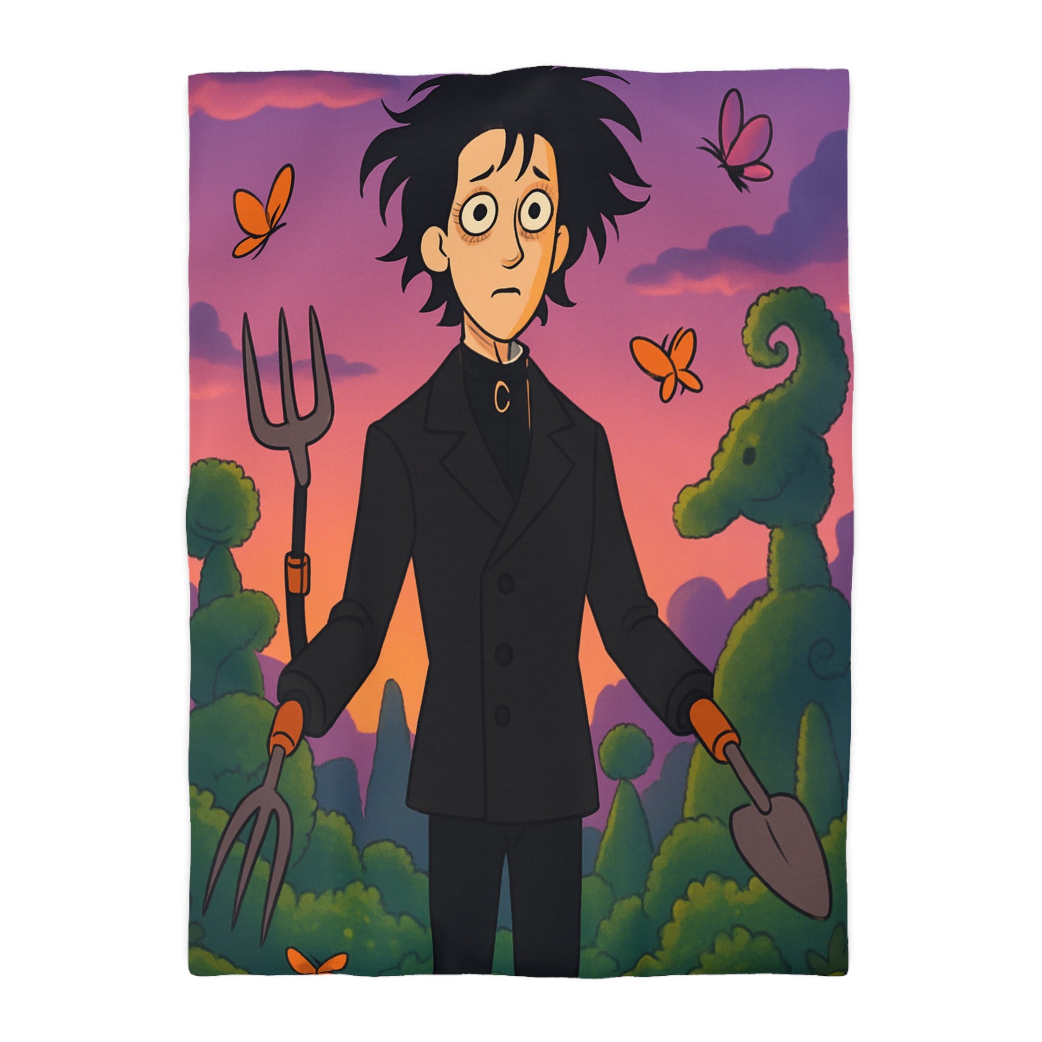 Housse de couette stylée avec personnage rêveur, jardin magique et papillons colorés