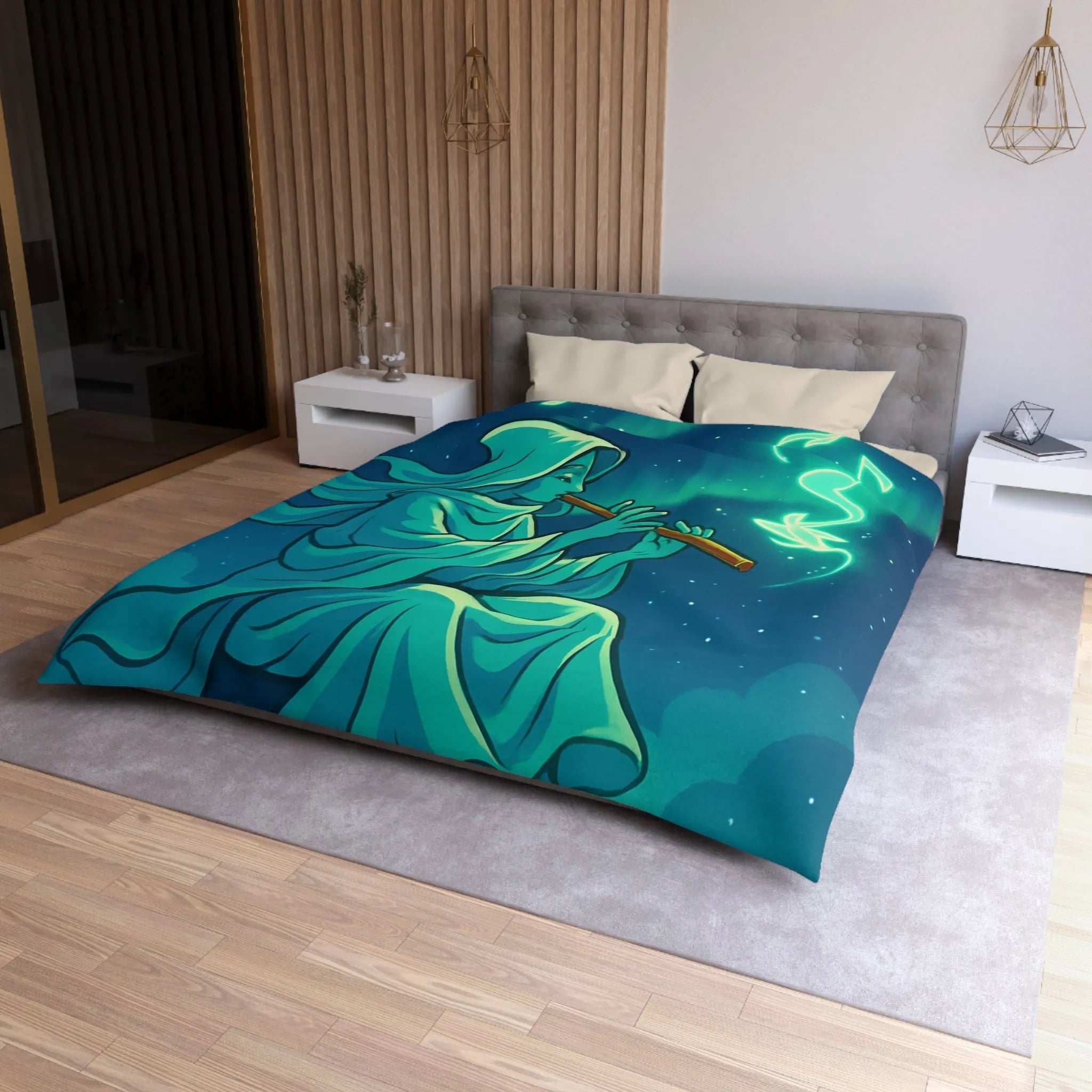 Housse de couette magique avec joueur de flûte créant des formes lumineuses célestes