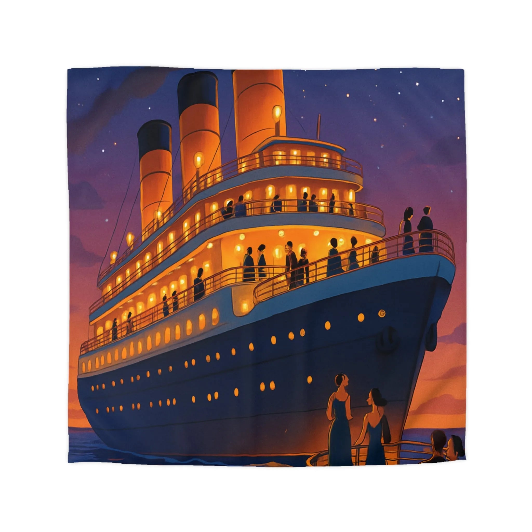 Douce soirée étoilée sur un paquebot illuminé naviguant sur des eaux calmes