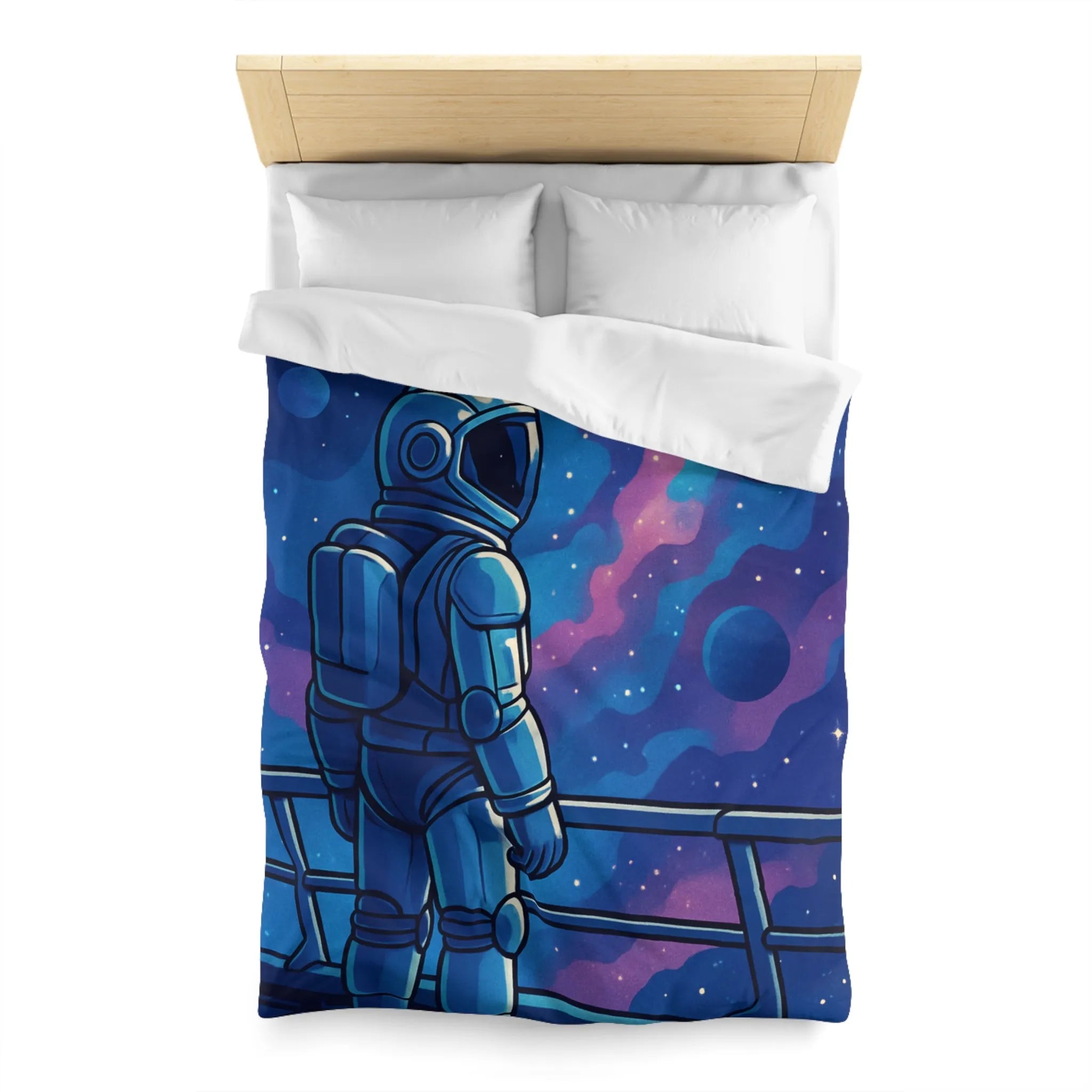 Housse de couette design astronaute contemplant galaxies et planètes dans l'espace infini