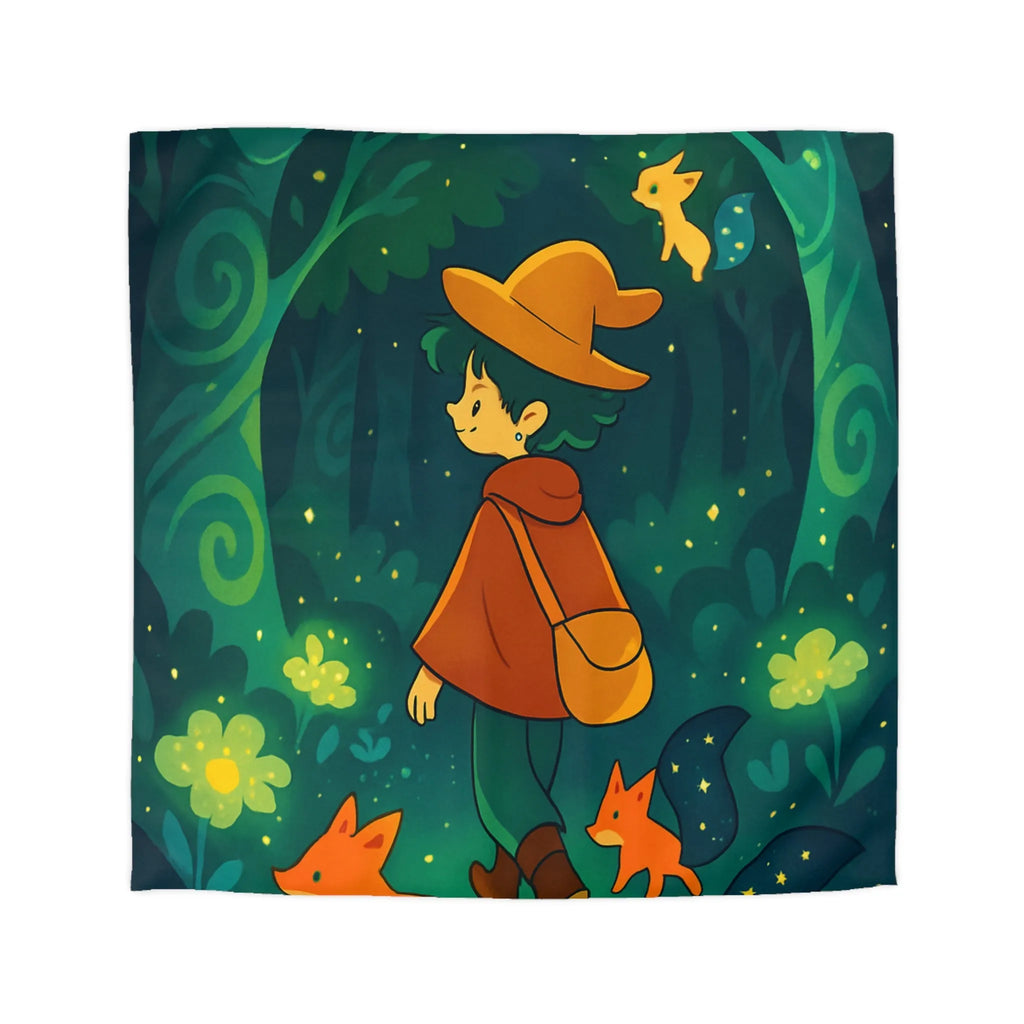 Housse de Couette Forêt Enchantée Enfants Renards Orange Jaune Vert Fantaisie Nuit