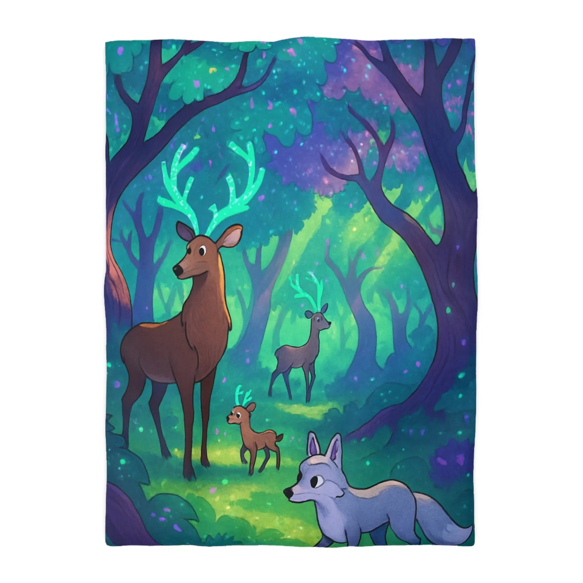 Housse de Couette Forêt Enchantée avec Cerfs Luminescents et Renard Magique Pour Enfants