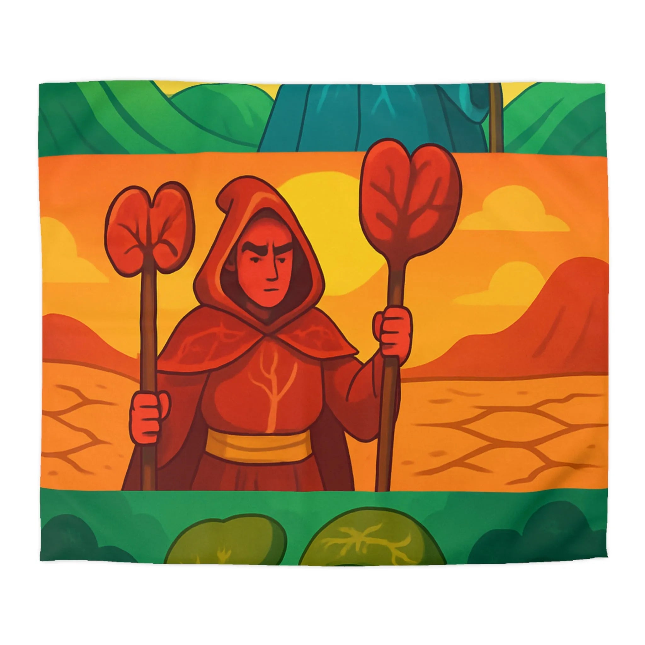 Housse de couette colorée avec trois mages, nature et paysages stylisés, ambiance apaisante