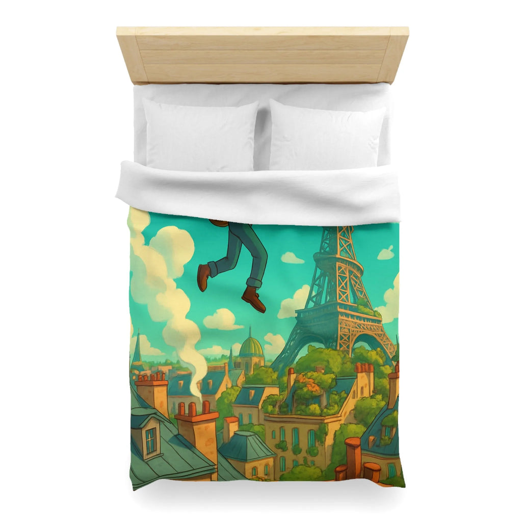 Enchanted Parisian Flight: Kid Floating Above Cityscape with Umbrella and Backpack