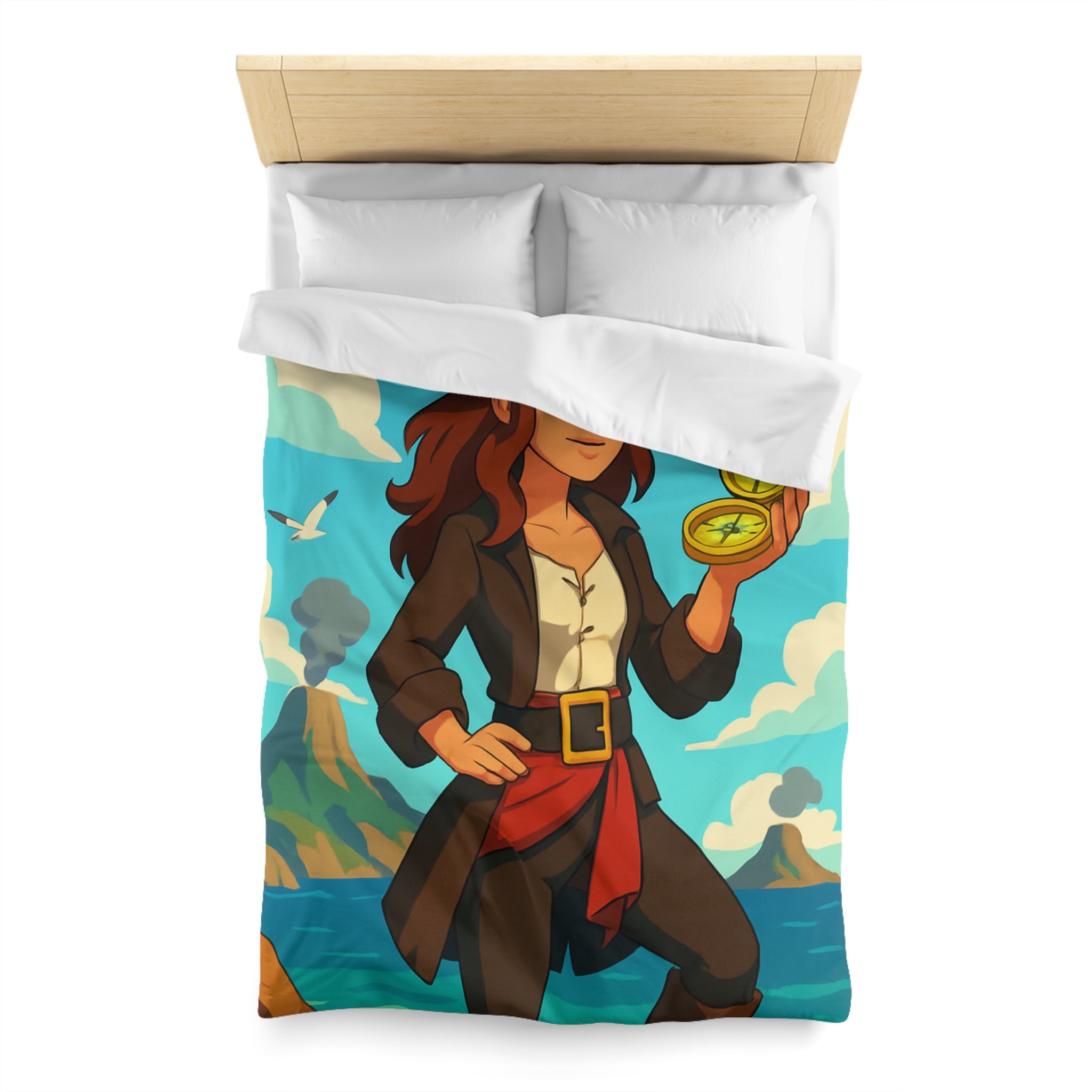 Housse de couette piraterie avec paysage maritime et aventurière avec boussole