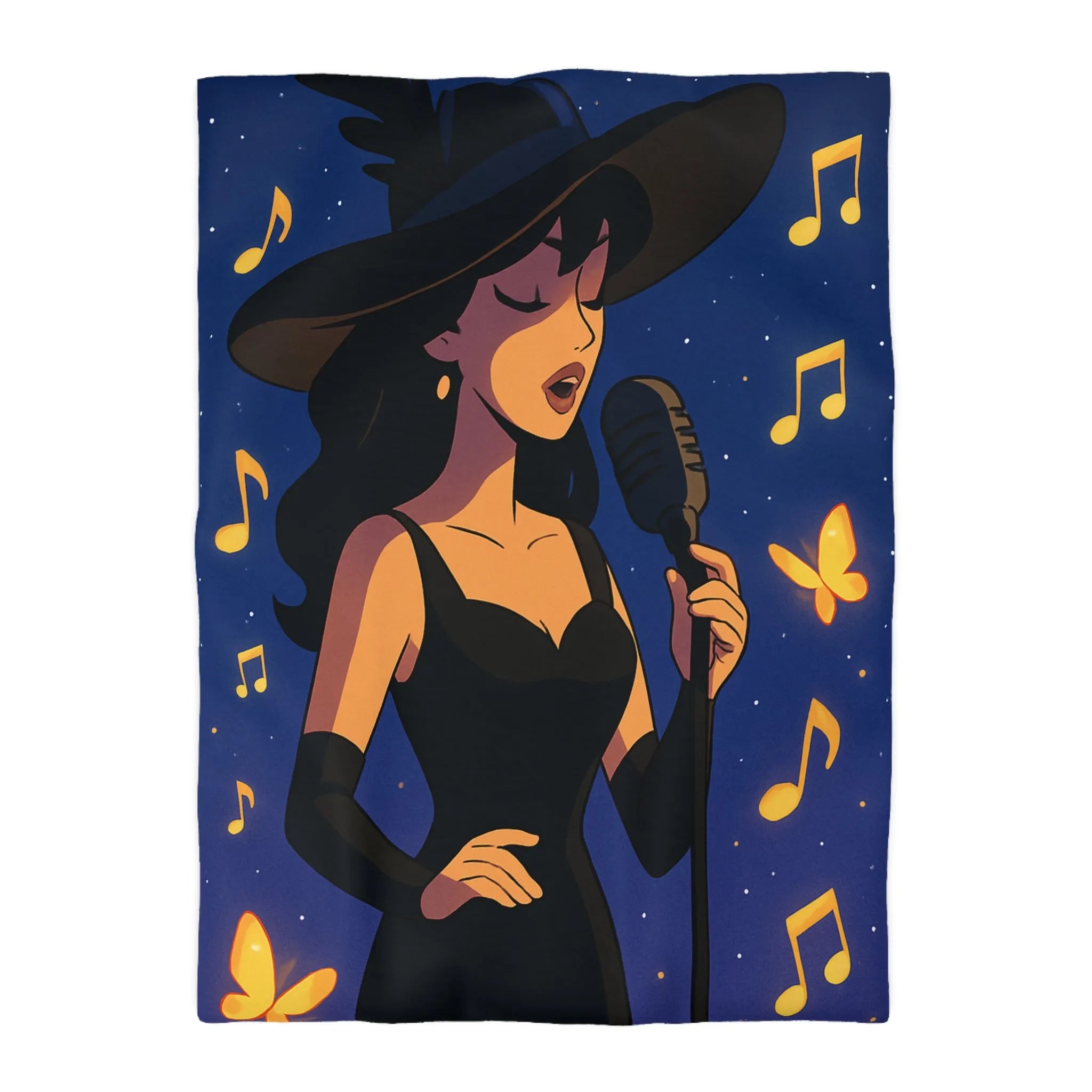 Élégant design musicien nocturne avec notes dorées et papillons sur fond étoilé bleu