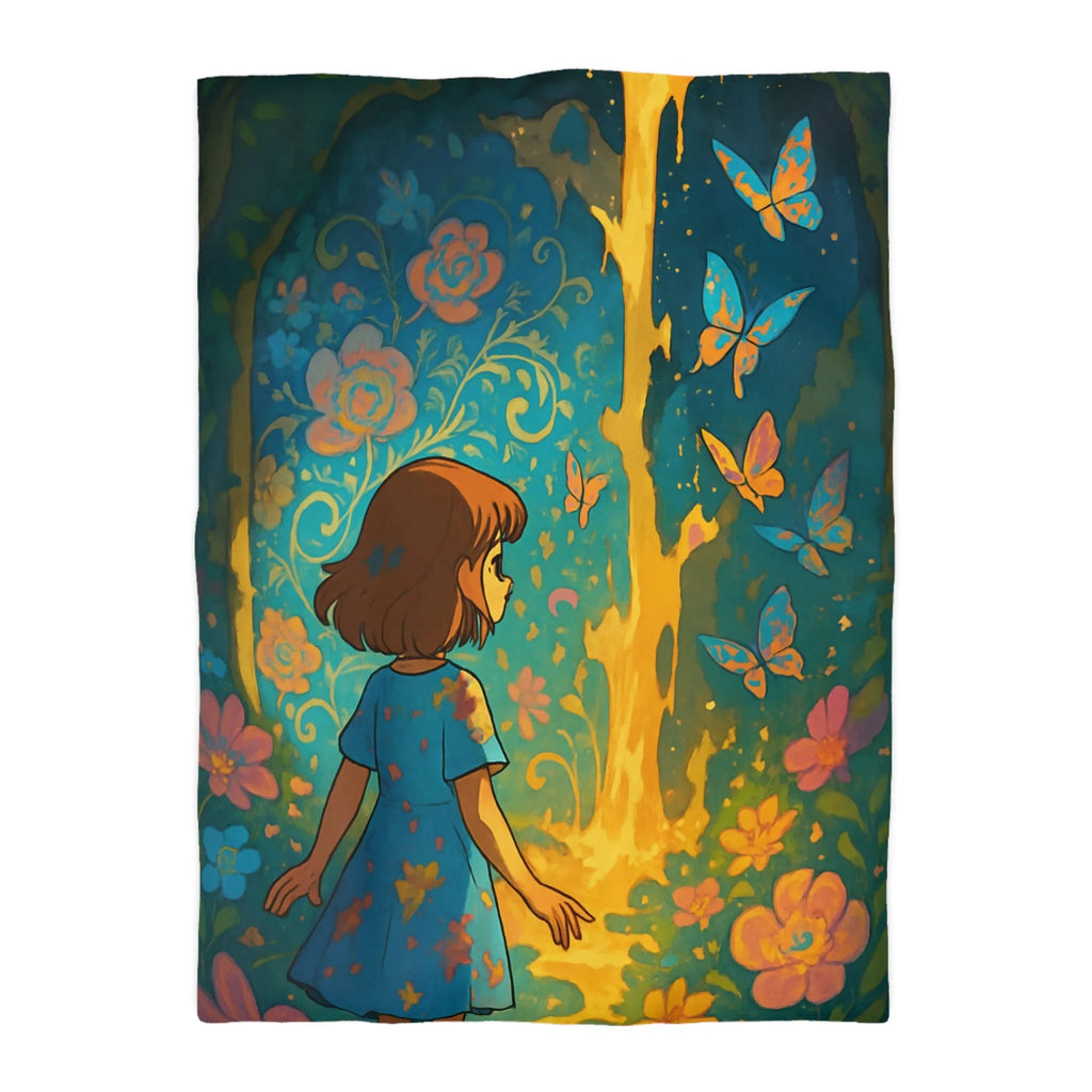 Housse de Couette Enfantine Féerique avec Papillons et Fleurs, Tons Vifs et Lumineux