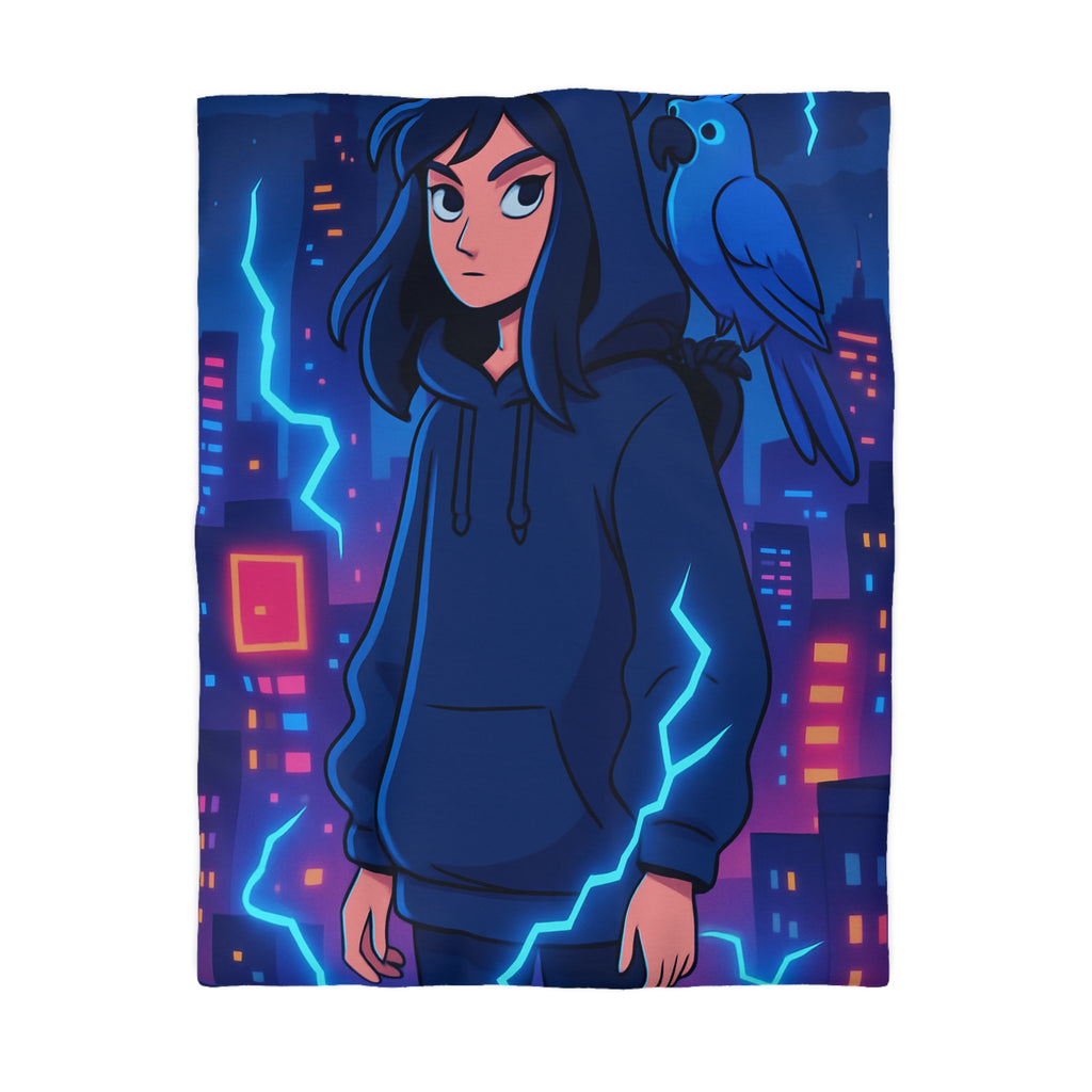 Tendance housse de couette bleu foncé avec motif urbain et perroquet électrique