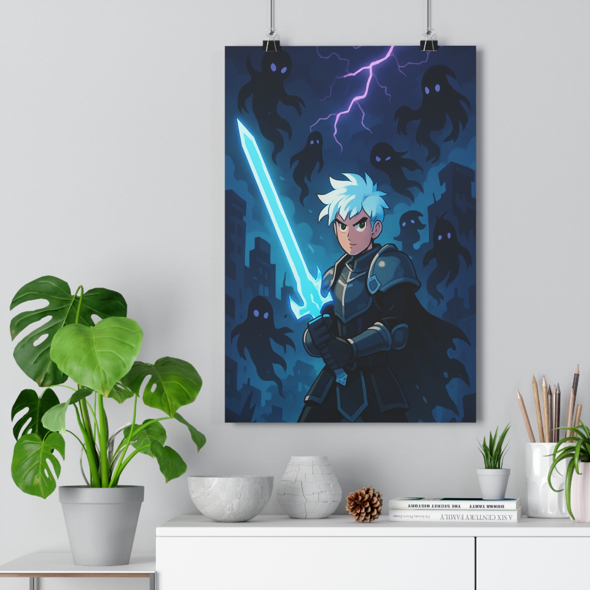 Poster décoratif anime guerrier bleu mystique dynamique chambre bureau épée lumineuse intense 30x46 qualité