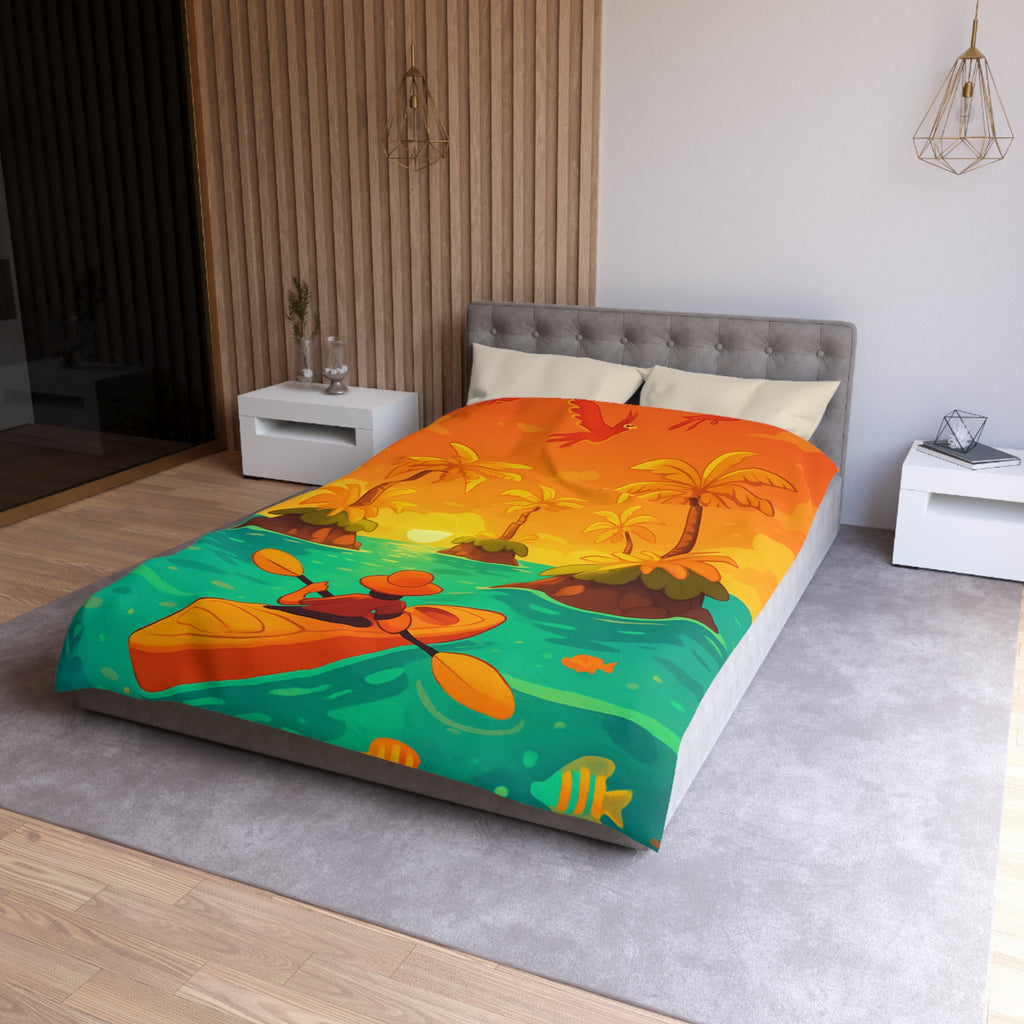Housse de couette tropicale vibrante avec kayak, palmiers et perroquets au coucher de soleil