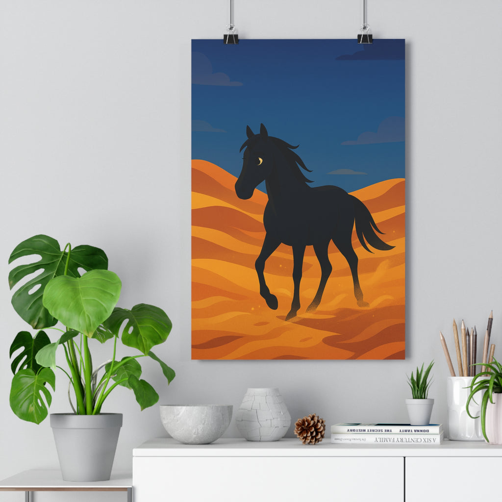 Poster décoratif cheval noir désert doré minimaliste élégant salon bureau art contemporain qualité qualité