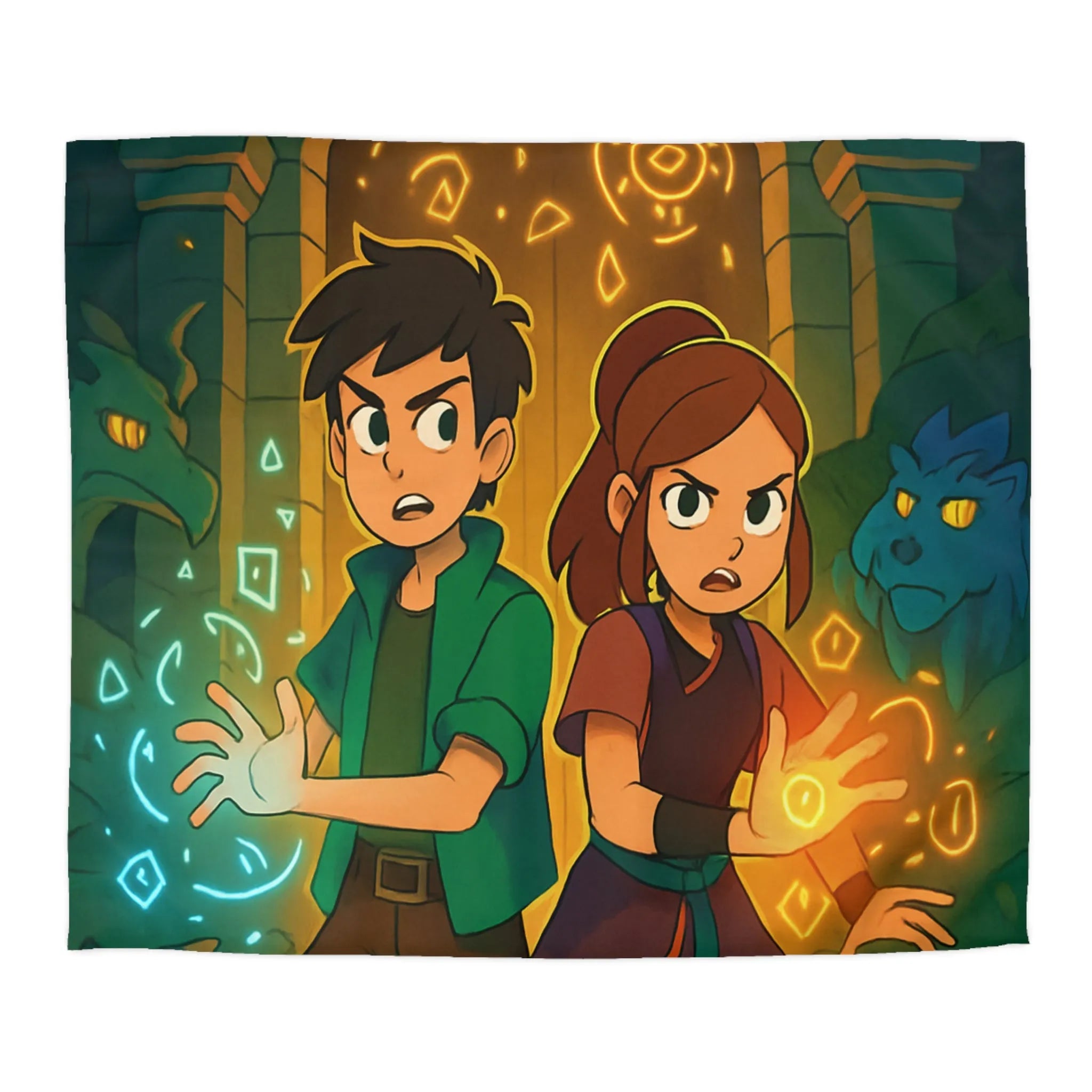 Housse de Couette Magique avec Enfants et Symboles Lumineux Devant un Portail Mystique