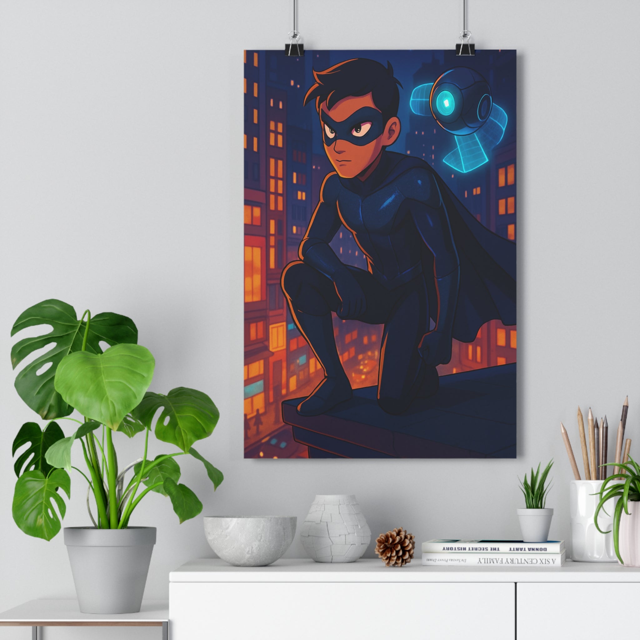 Poster décoratif jeune héros masqué urbain bleu orange moderne nocturne anime chambre aventure dynamique