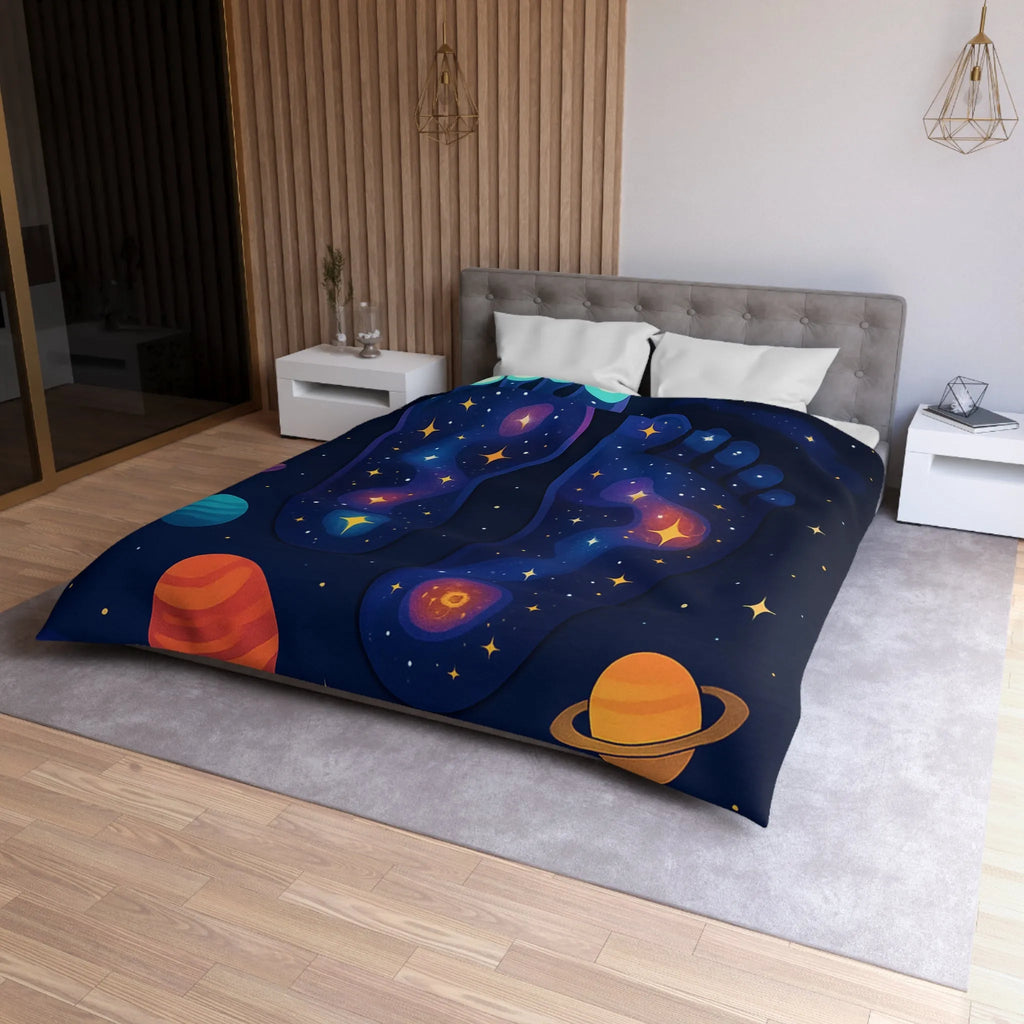 Housse de Couette Cosmos Enchanté avec Motifs de Pieds Galactiques Étincelants et Planètes