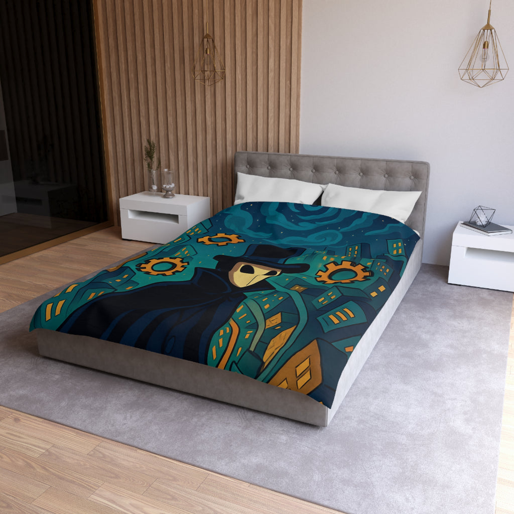 Housse de couette mystérieuse avec personnage masqué, engrenages dorés et ville nocturne
