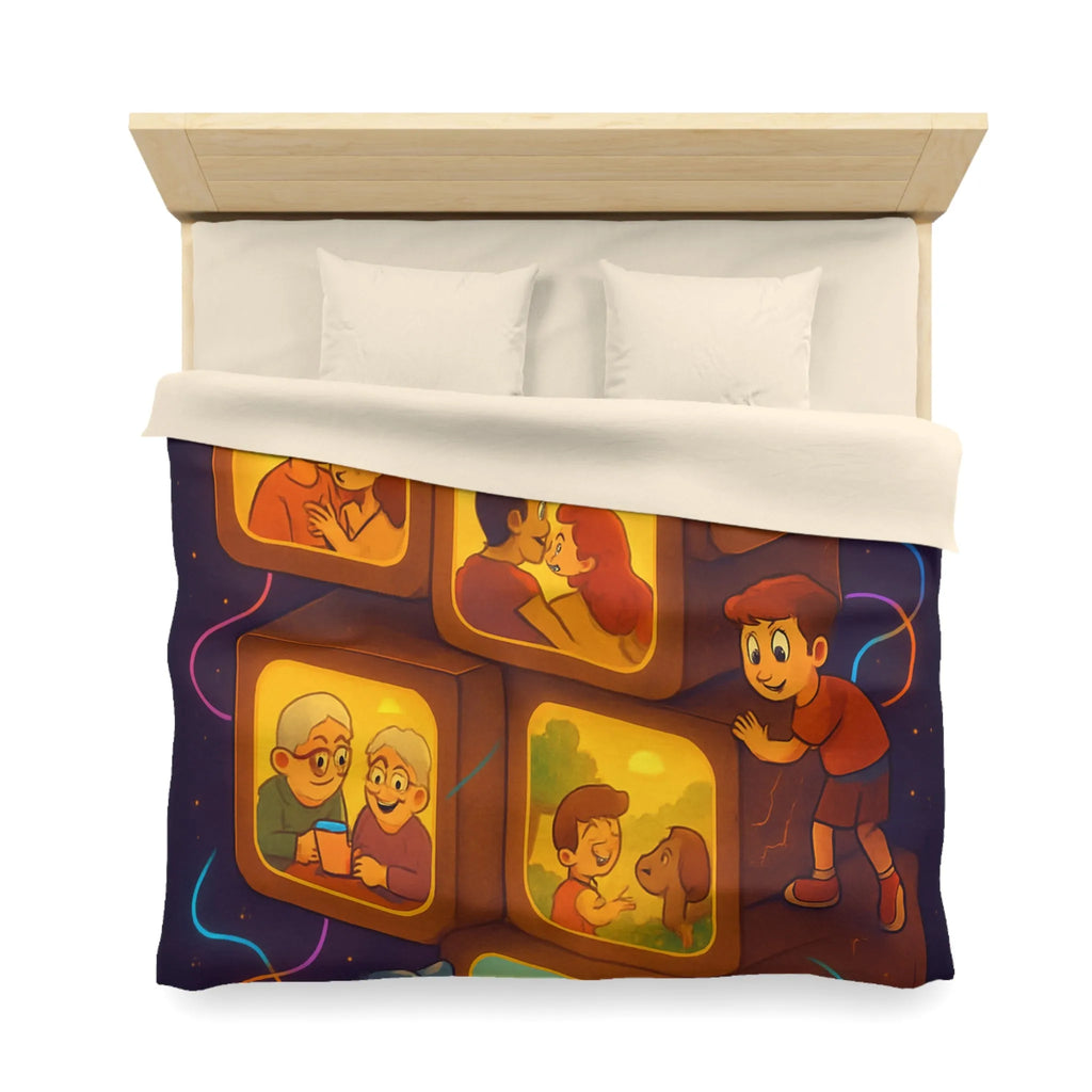 Housse de Couette Illustrée avec Scènes de Famille et Couleurs Chaudes, Ambiance Rétro