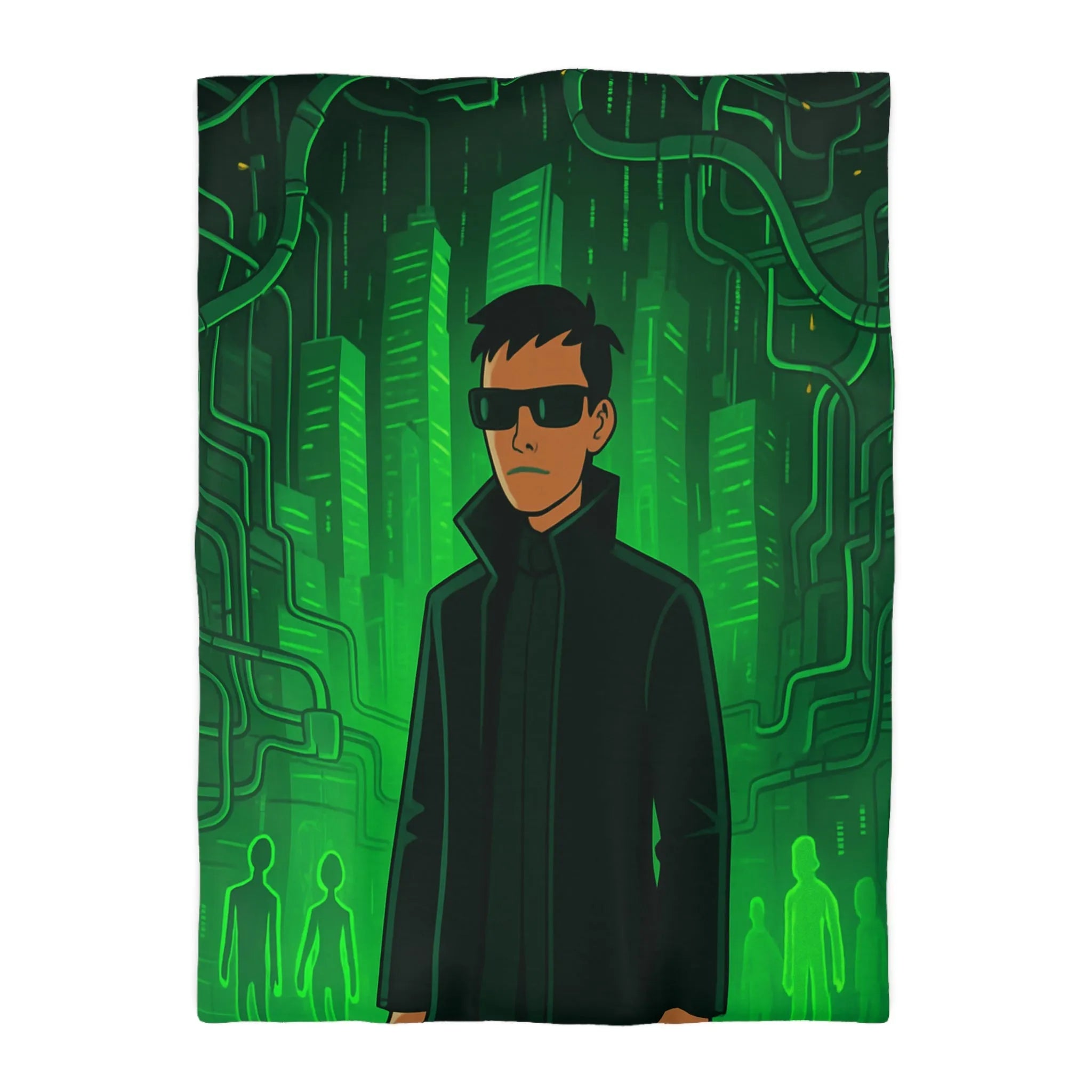 Housse de couette design futuriste vert avec motif personnage et ville numérique