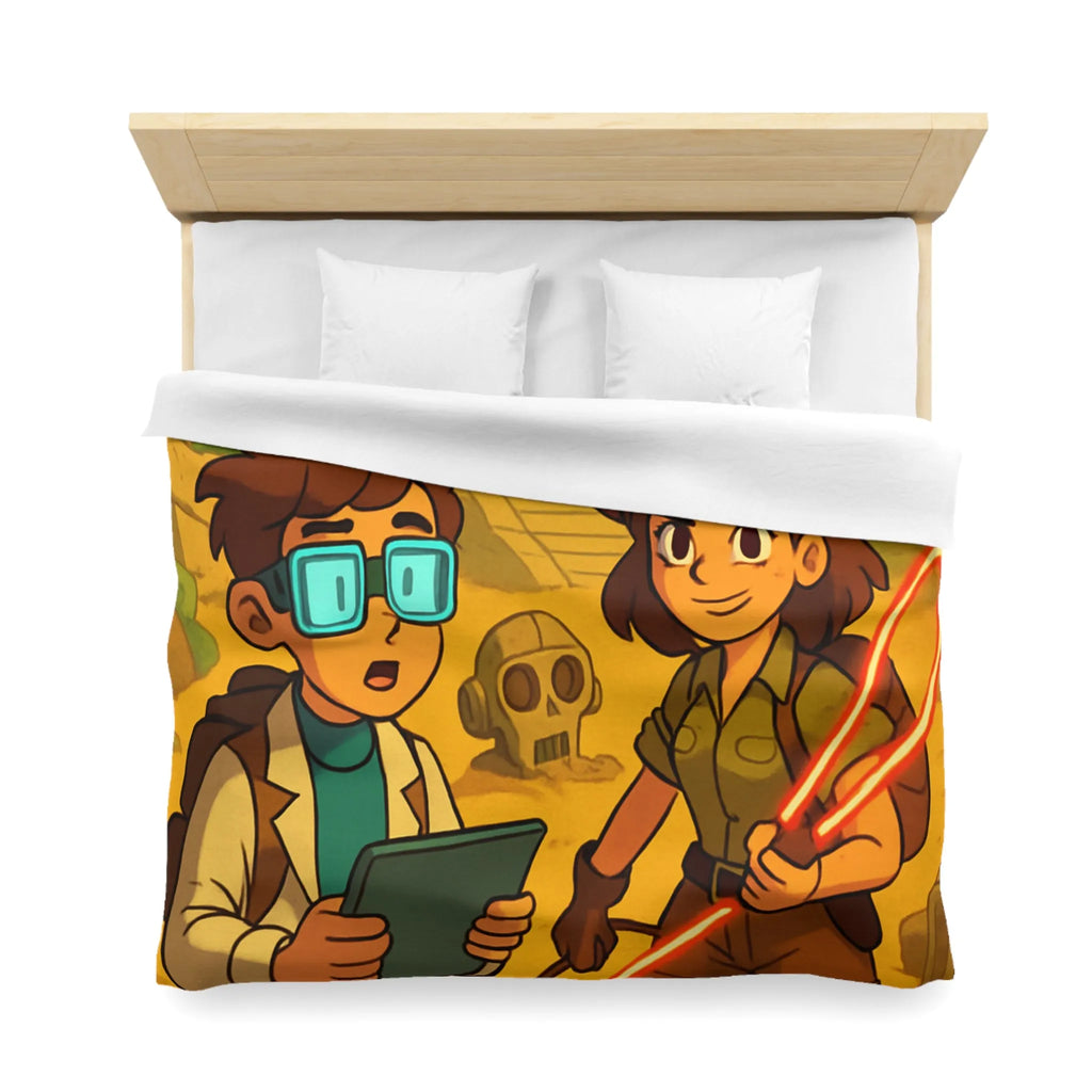 Housse de couette aventuriers explorant ruines mystérieuses en style cartoon animé coloré