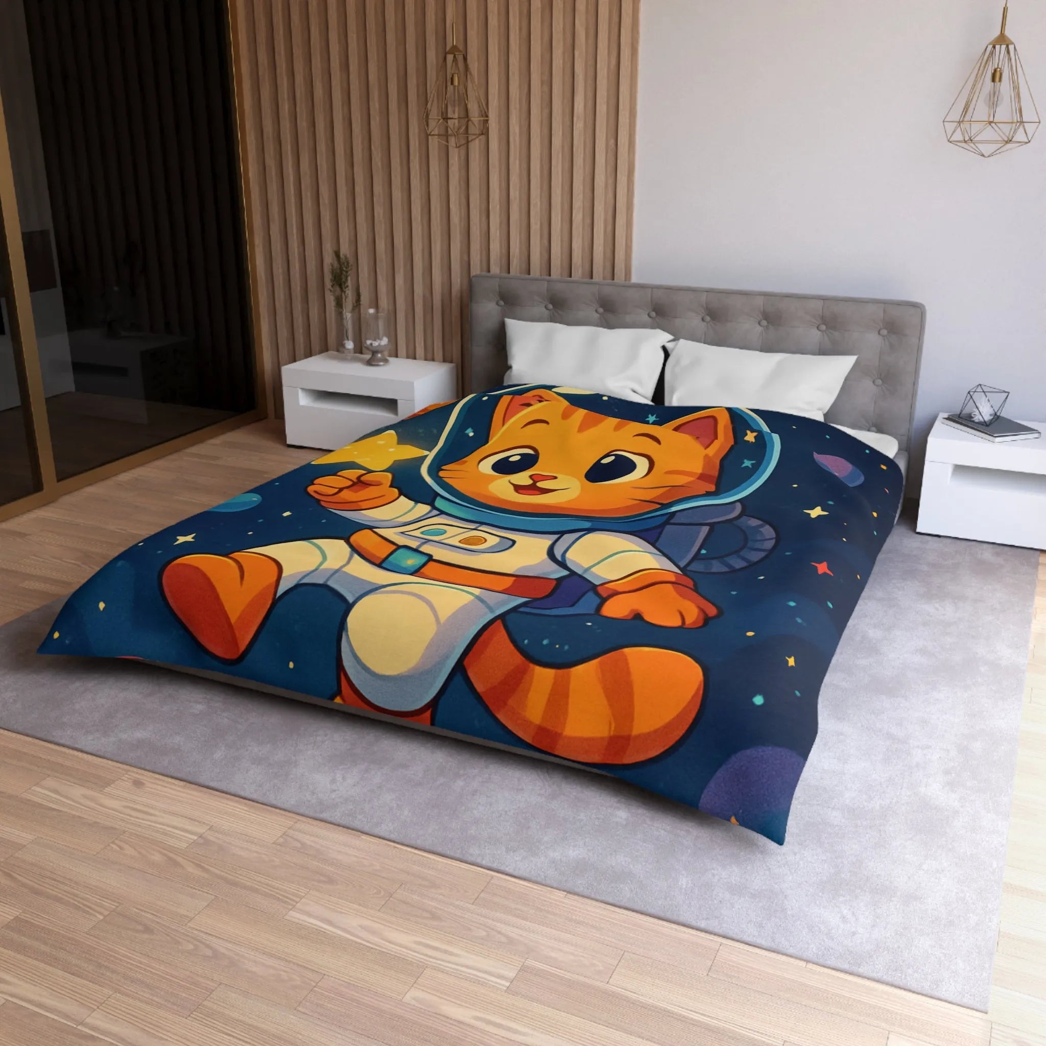 Housse de Couette avec Chat Astronaute et Étoiles dans Espace Coloré pour Enfants