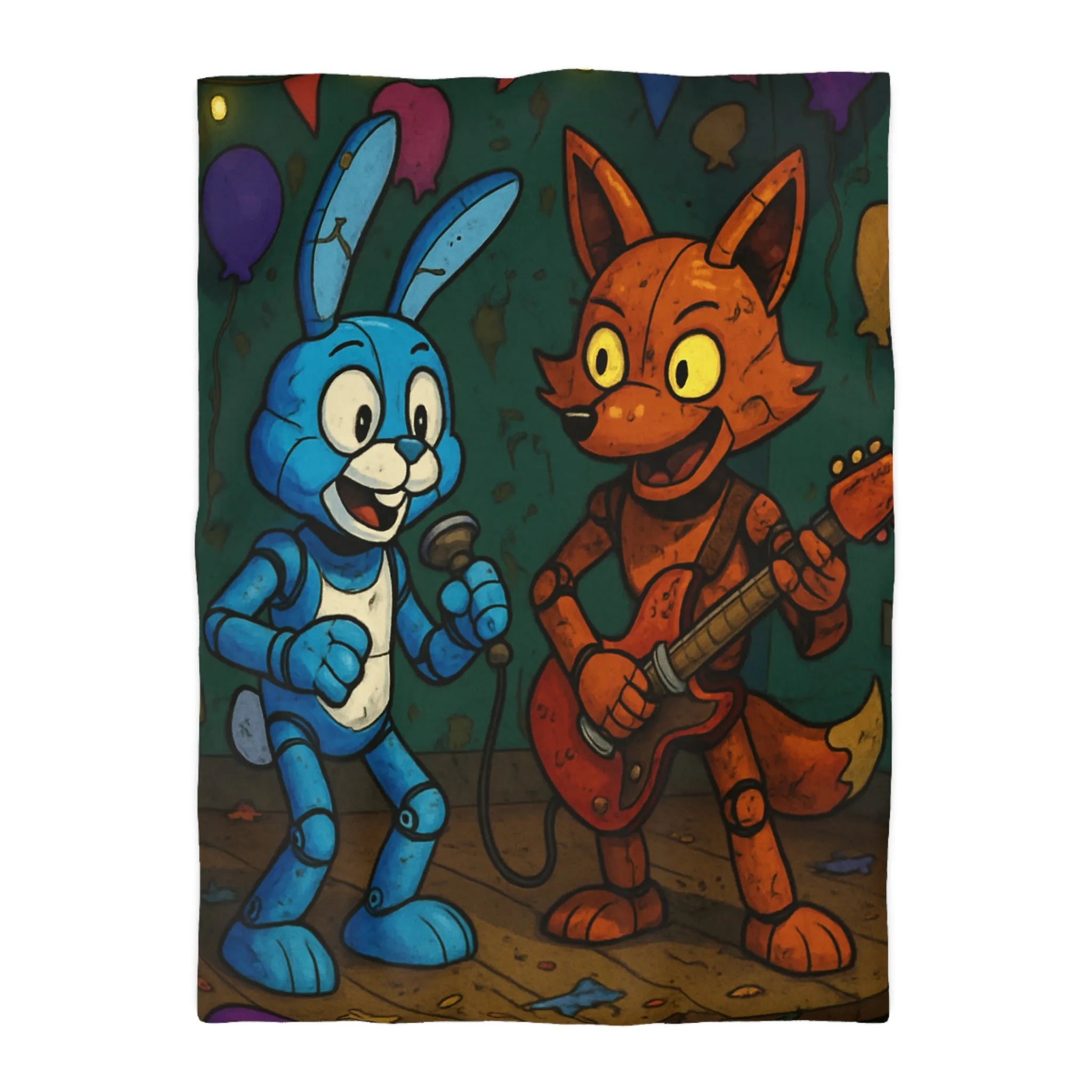 Housse de couette animaux robot bleue et orange sur scène avec décor festif