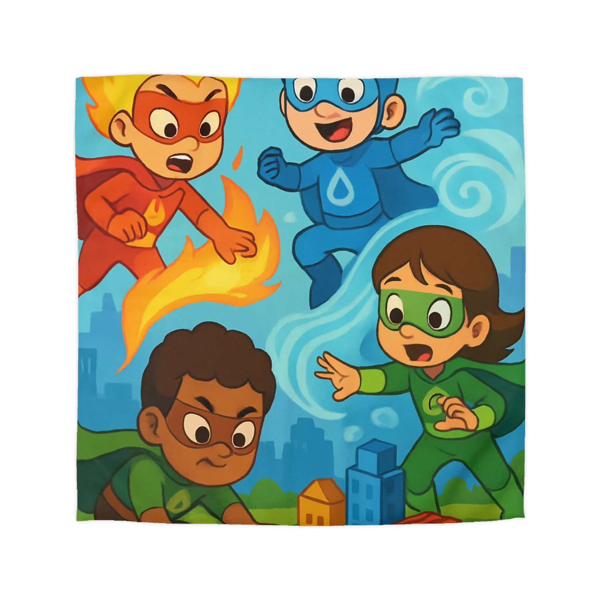 Housse de couette enfant avec super-héros colorés en action dans une ville imaginaire