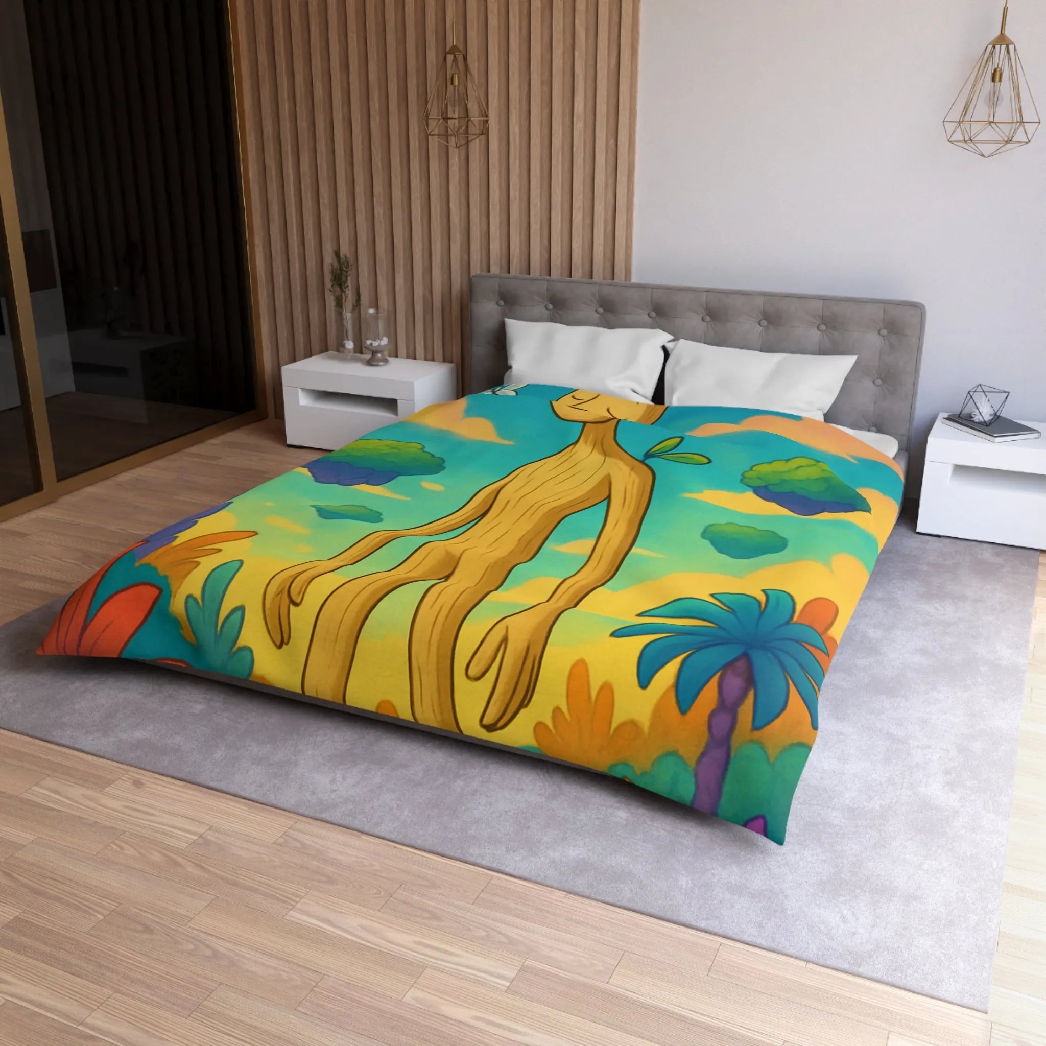 Housse de couette enchanteresse avec paysage coloré, créature en bois et papillons