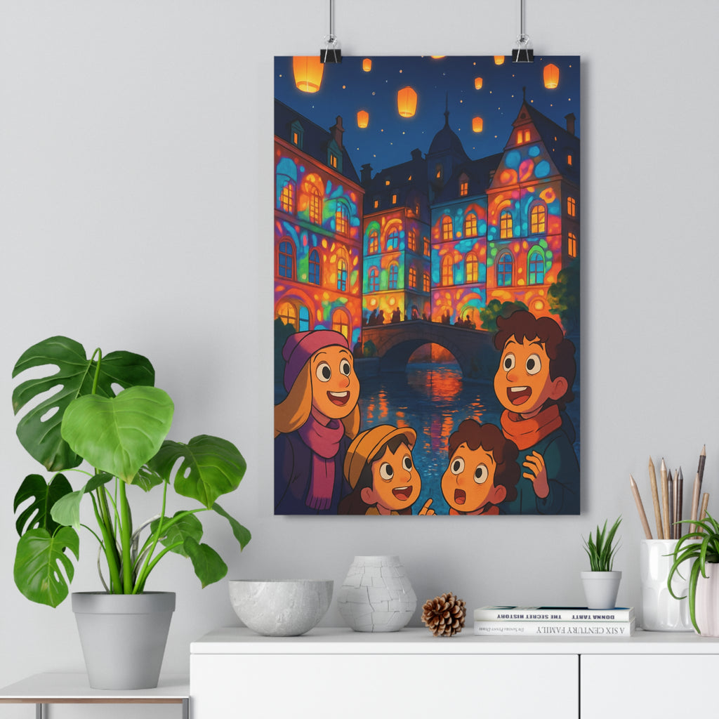 Poster décoratif féerique lumineux magique coloré joyeux salon chambre nocturne ville hiver personnages ambiance