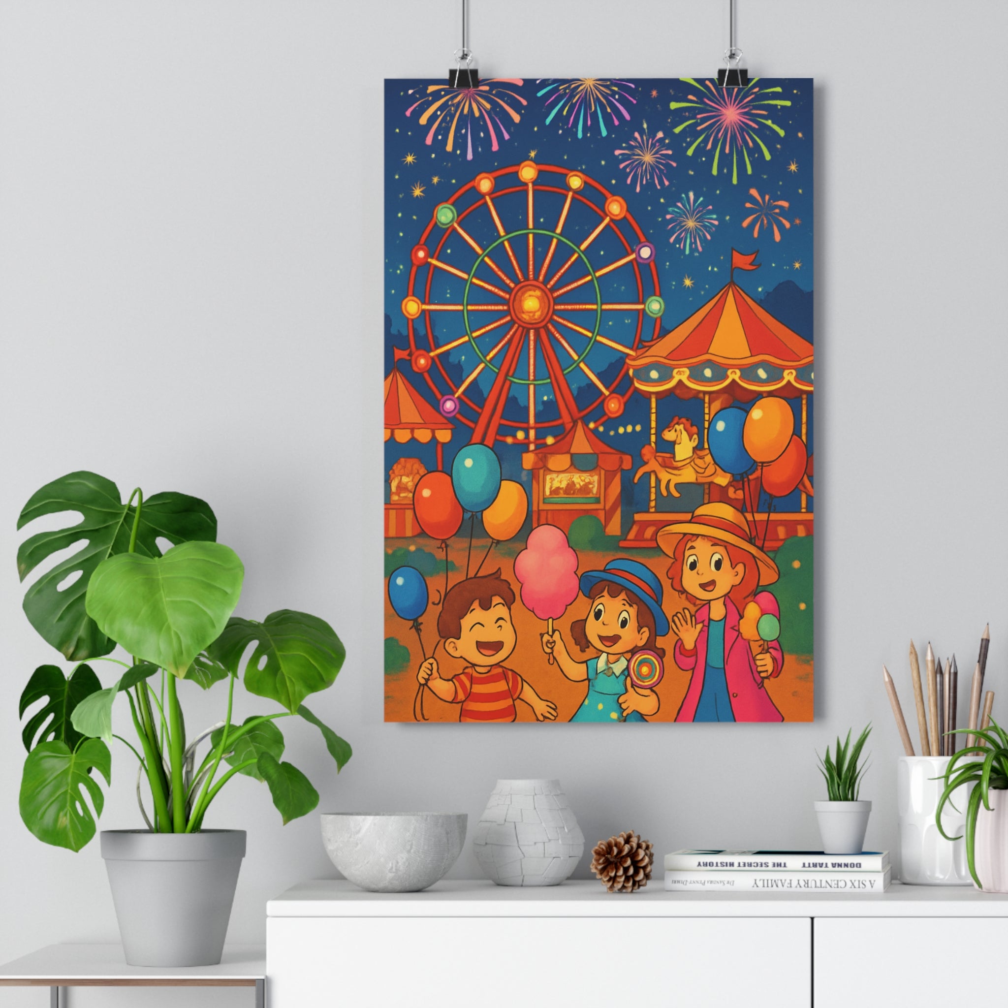 Poster décoratif joyeux couleurs vives cartoon chambre enfant fête foraine roue carrousel feu artifice