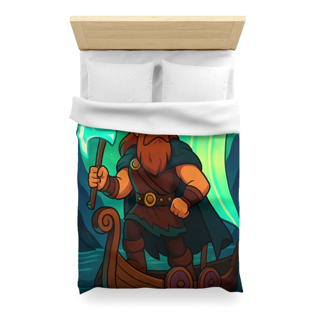 Housse de couette épique viking avec aurore boréale et bateau en pleine mer