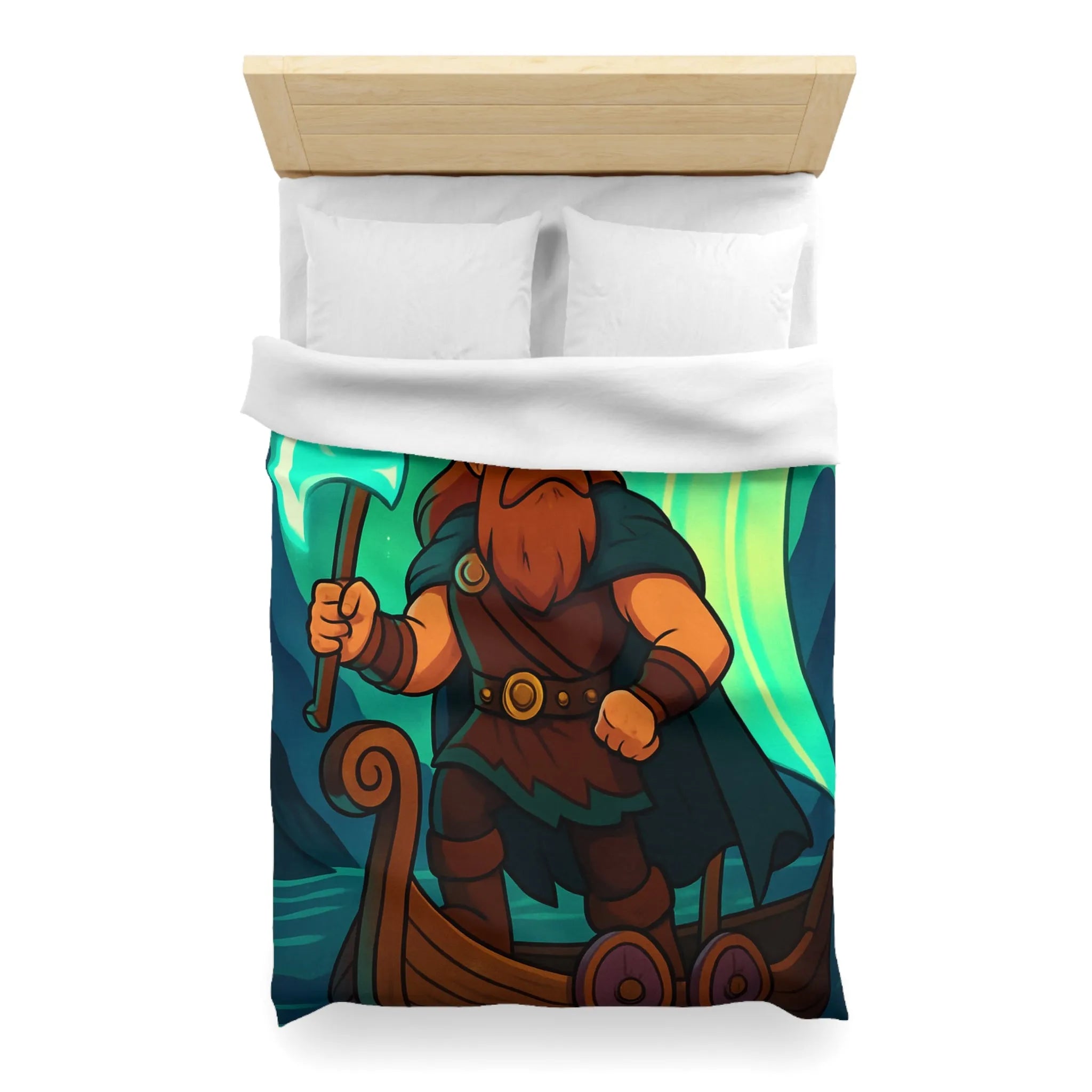 Housse de couette épique viking avec aurore boréale et bateau en pleine mer