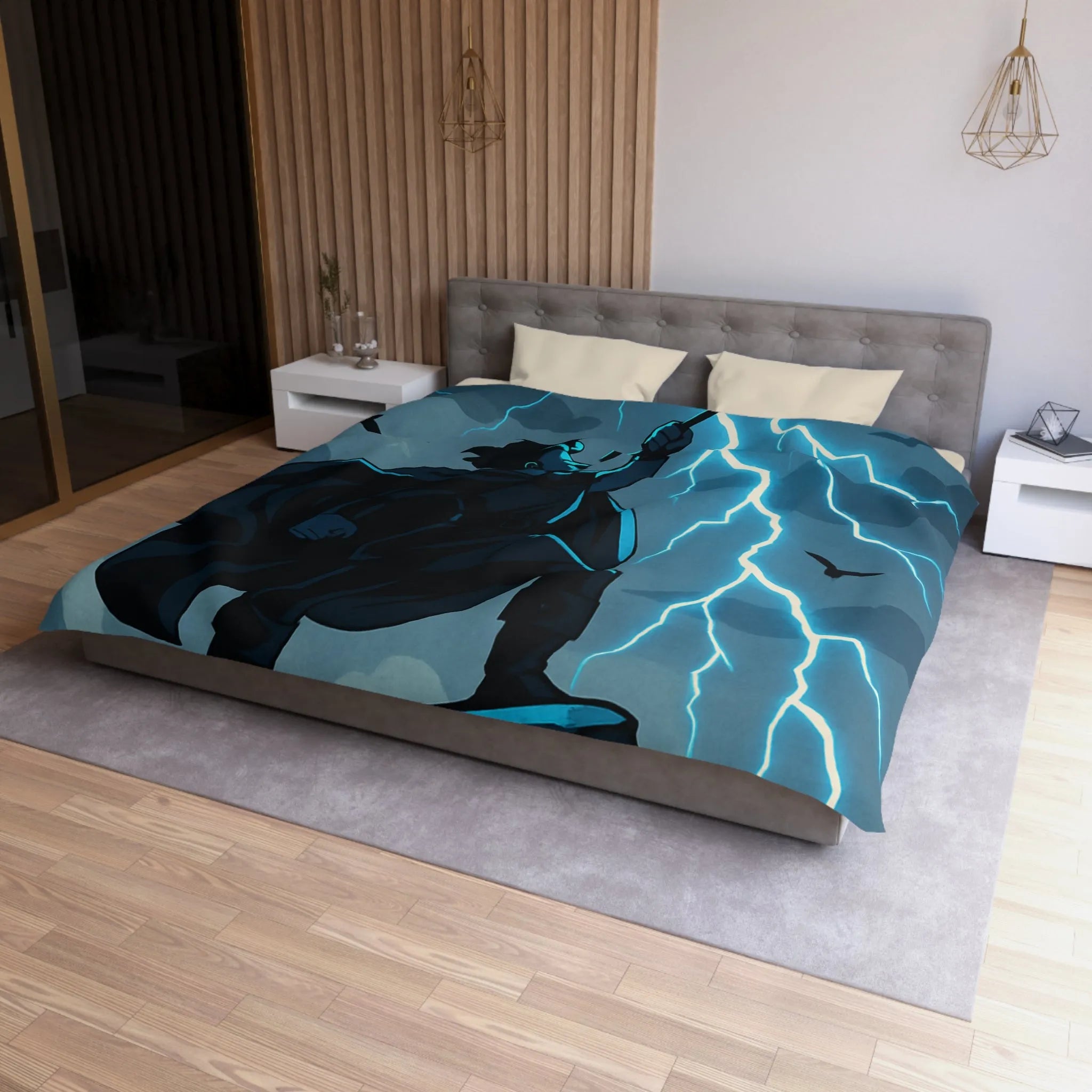 Housse de couette épique avec personnage et éclairs en style illustration fantastique