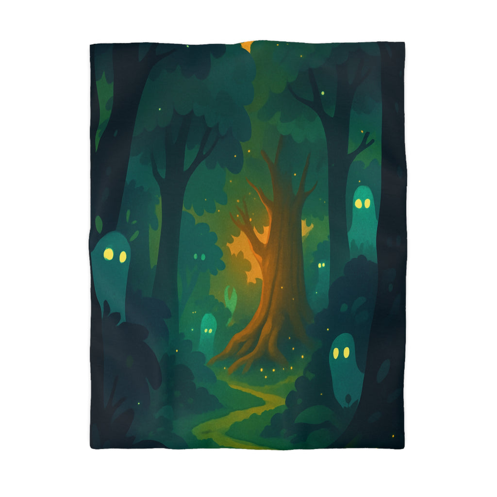 Housse de couette mystérieuse forêt enchantée avec esprits lumineux et sentier sinueux