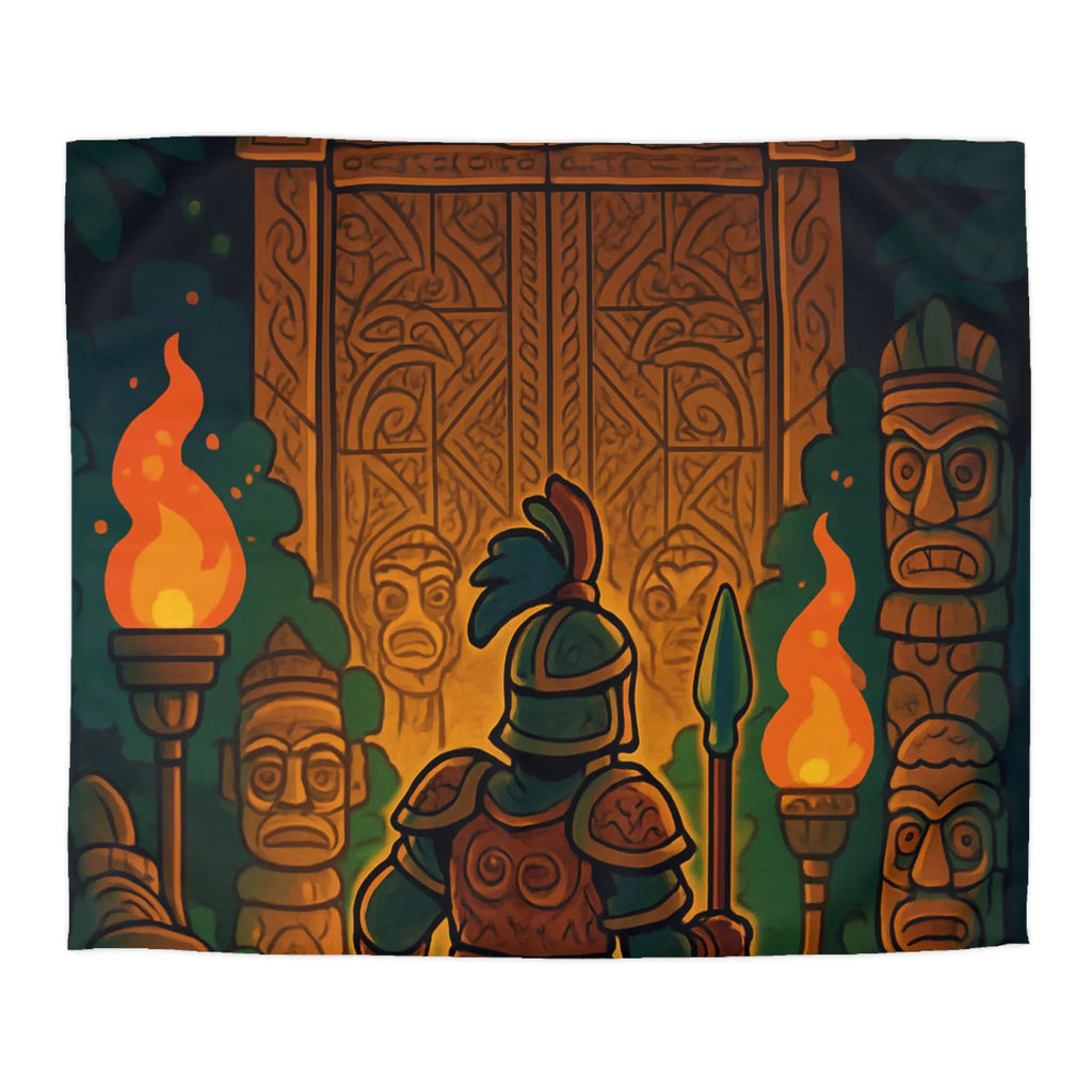 Housse de couette guerrier devant porte mystique avec torches et statues anciennes