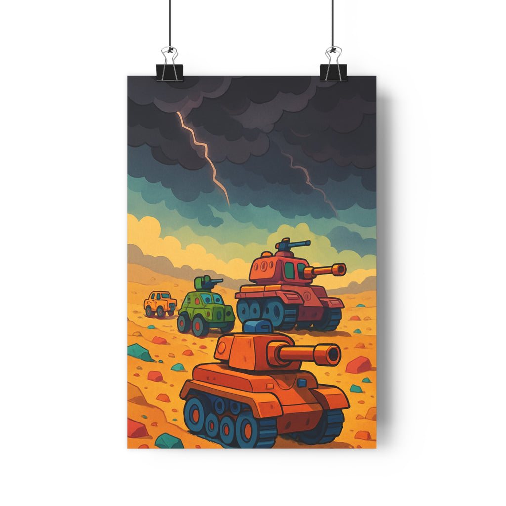 Poster décoratif cartoon coloré tanks crépuscule orange vert rouge salon chambre moderne aventure vibrant