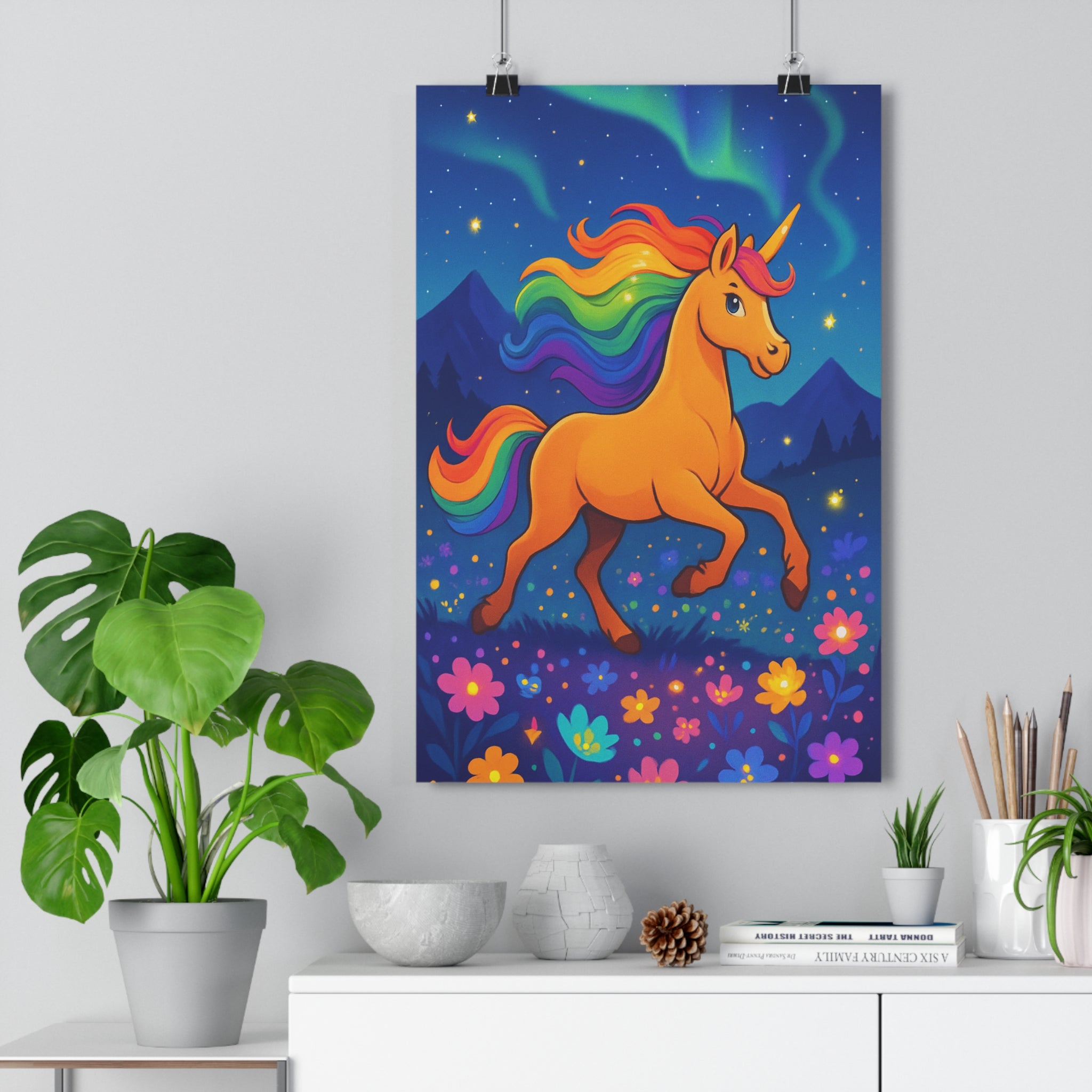 Poster décoratif féerique cheval orange arcenciel enchanté enfant cartoon chambre joyeux 30x46 cm qualité