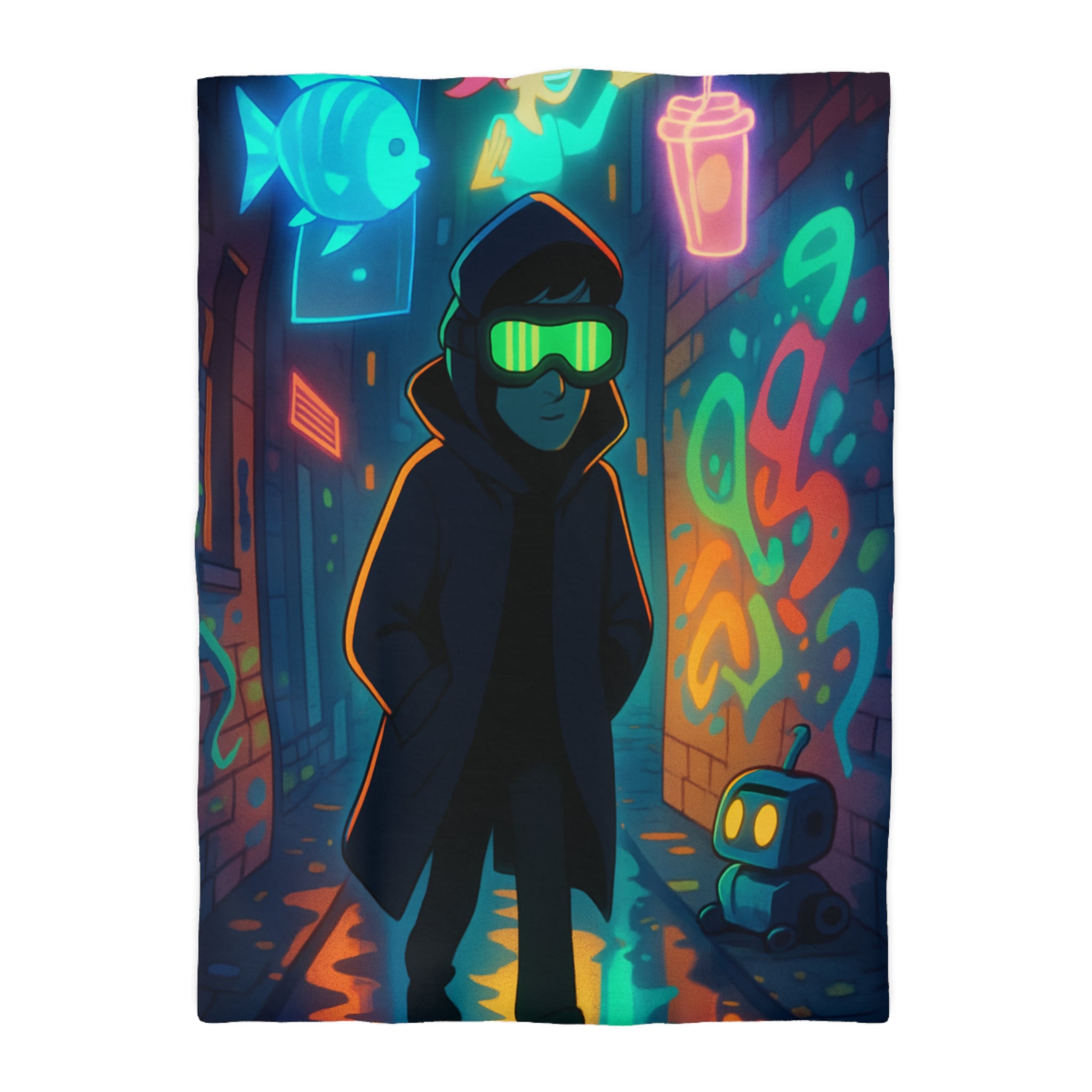 Housse de couette néon, ruelle urbaine cyberpunk avec technologie futuriste et graffitis colorés