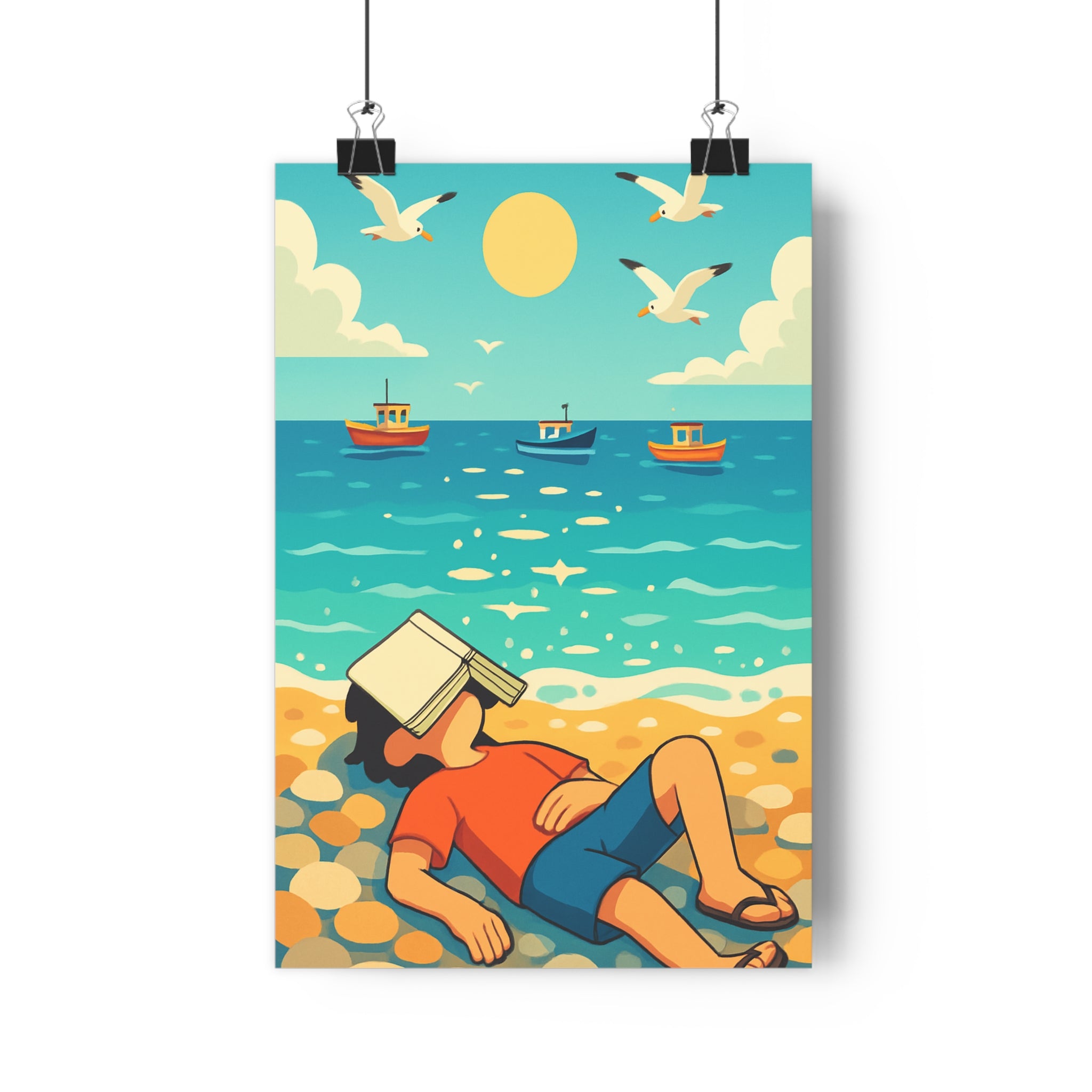 Poster décoratif anime méditerranéen plage calme ciel bleu soleil salon paisible moderne été ambiance