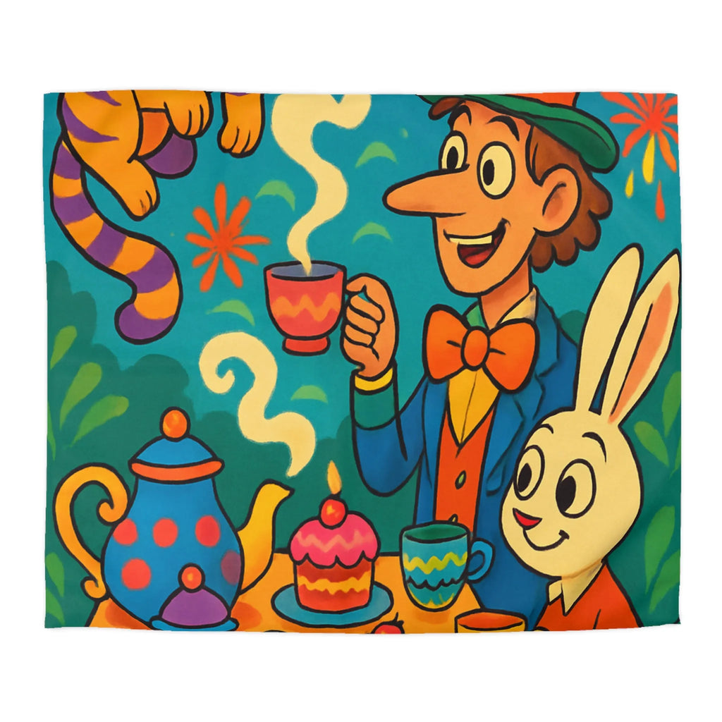 Housse de couette colorée avec scène de thé joyeuse inspirée d'un conte fantaisiste