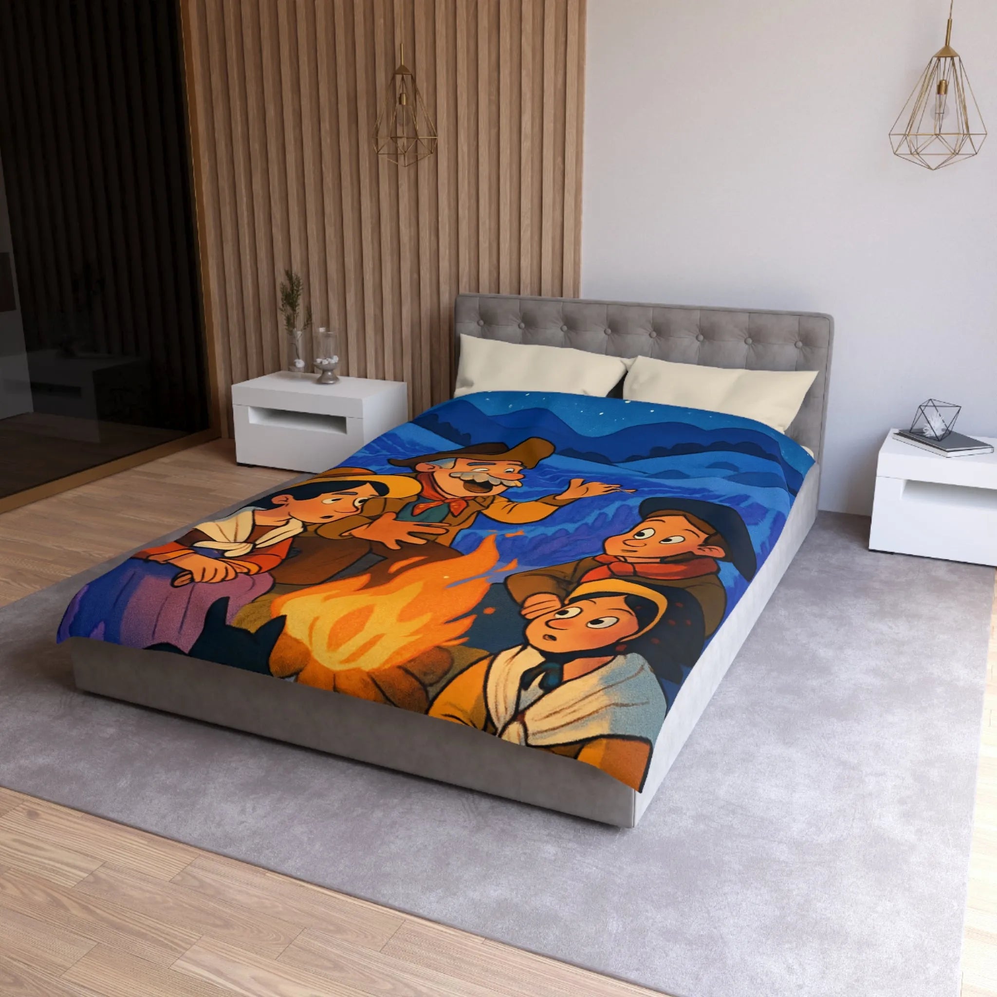 Housse de couette colorée avec scène animée racontant une histoire sous les étoiles