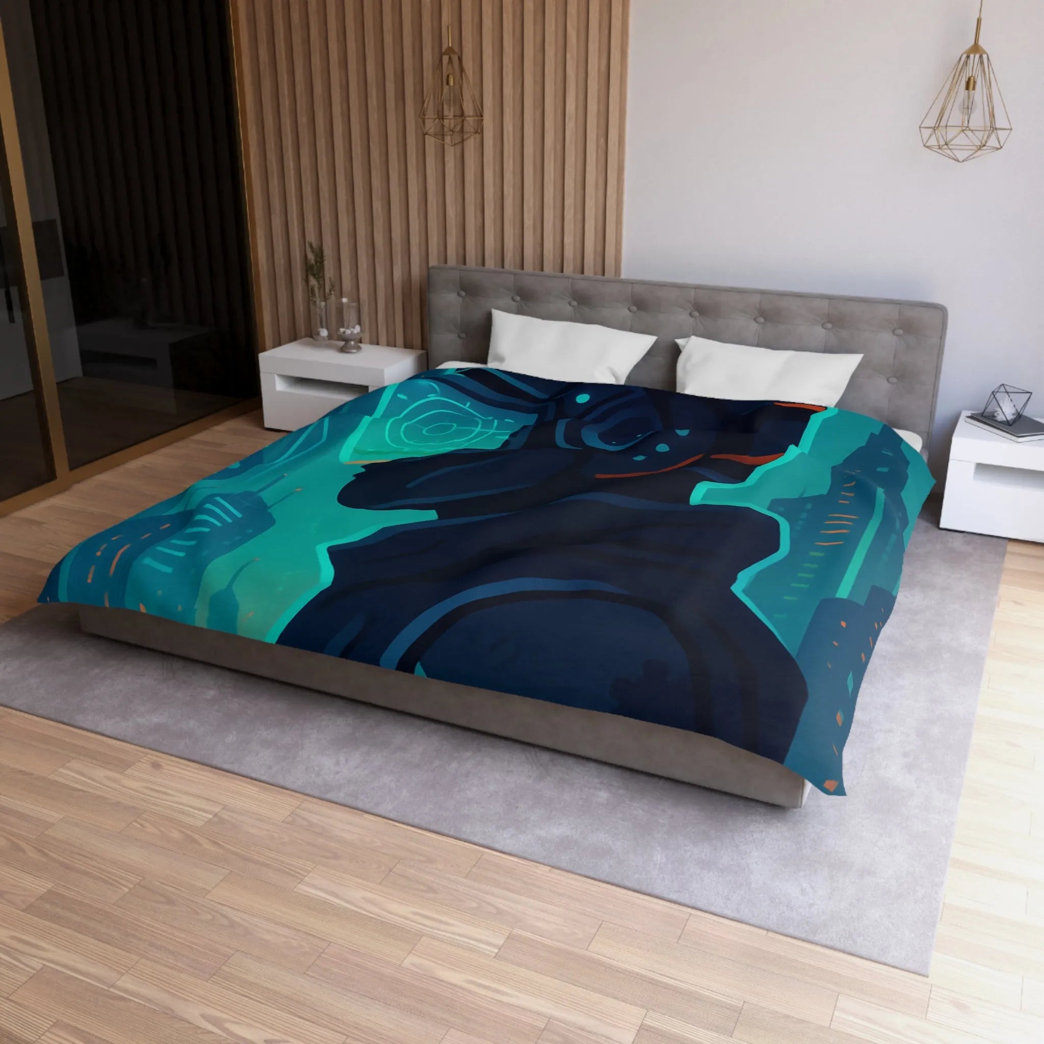 Housse de couette futuriste avec casque de réalité virtuelle et gratte-ciels lumineux