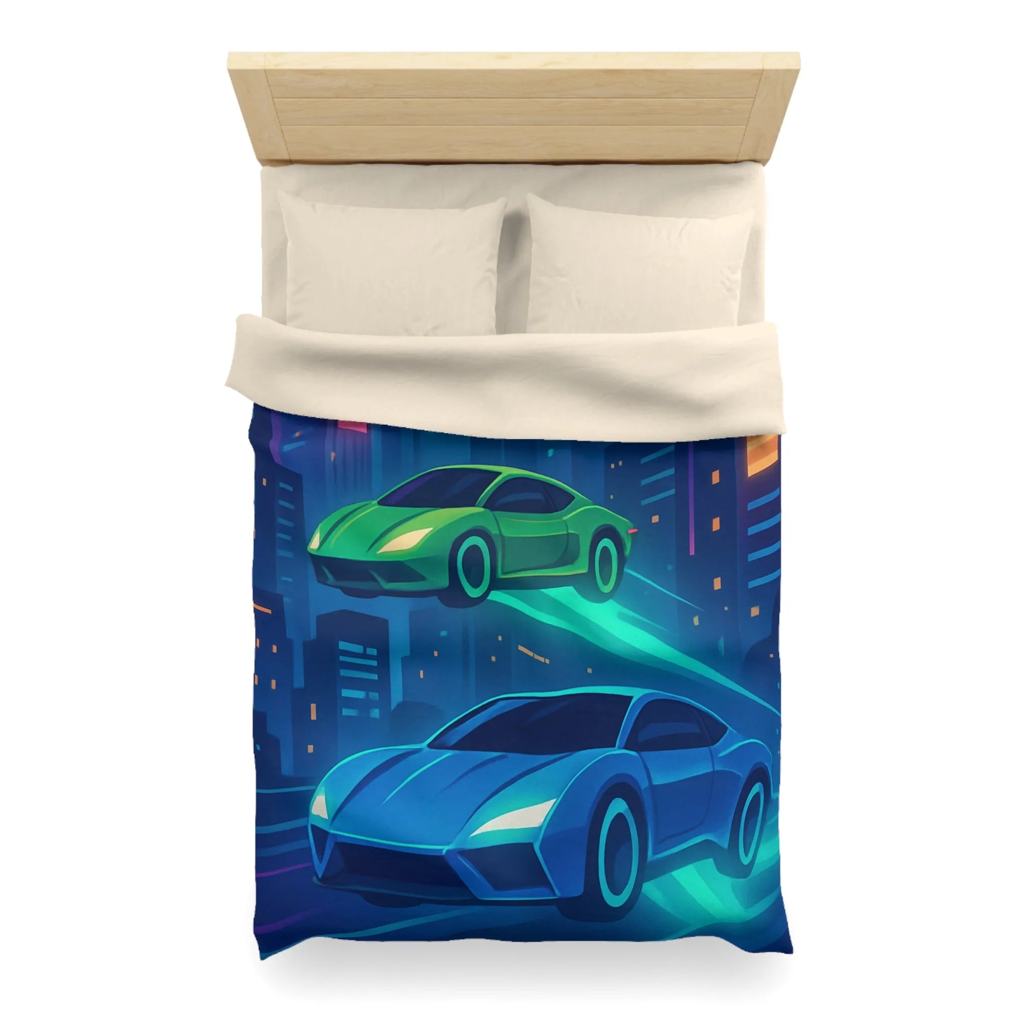 Découvrez des voitures futuristes illuminées flottant dans un ciel urbain nocturne vibrant