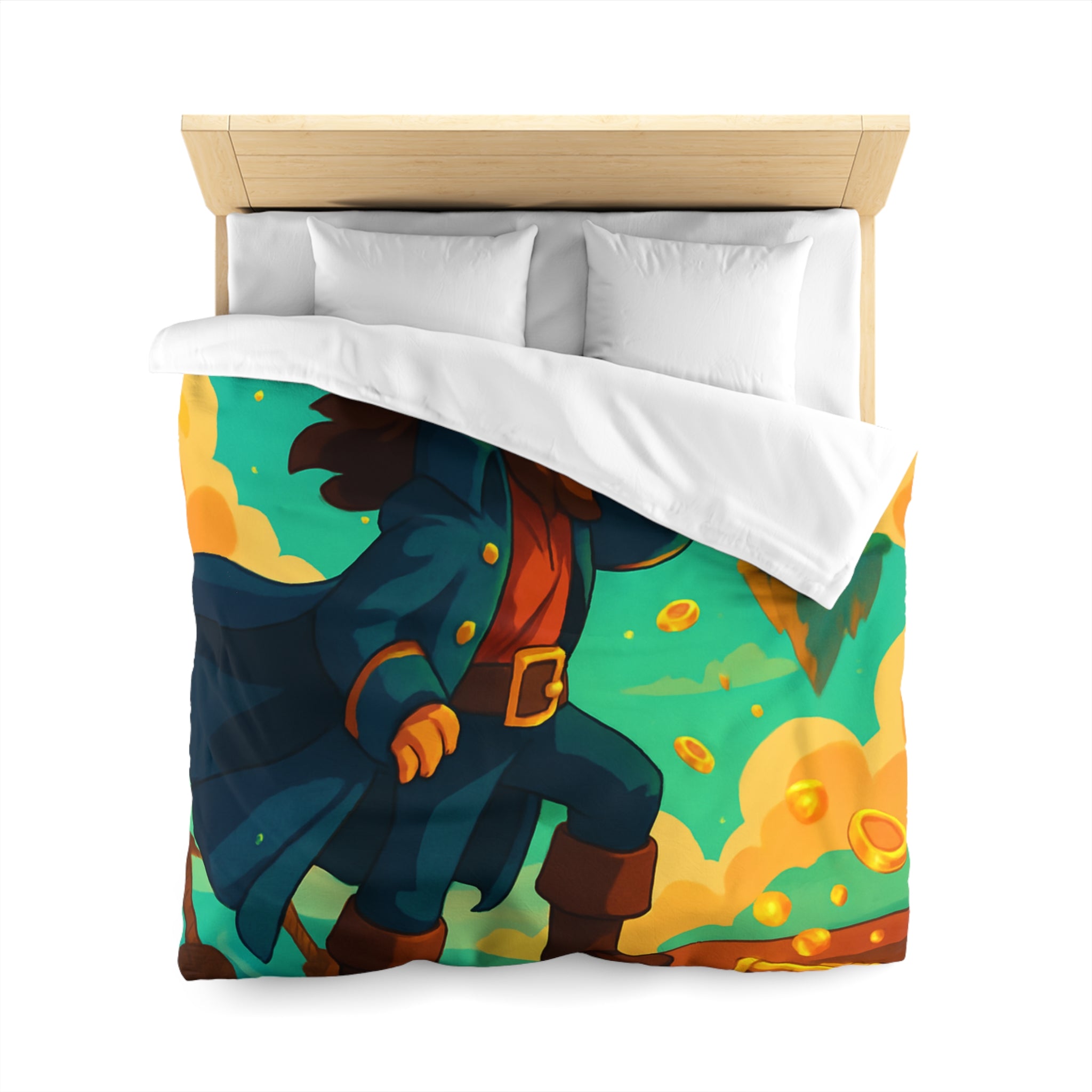 Housse de couette pirate vibrant bleu avec trésor doré et nuages flottants