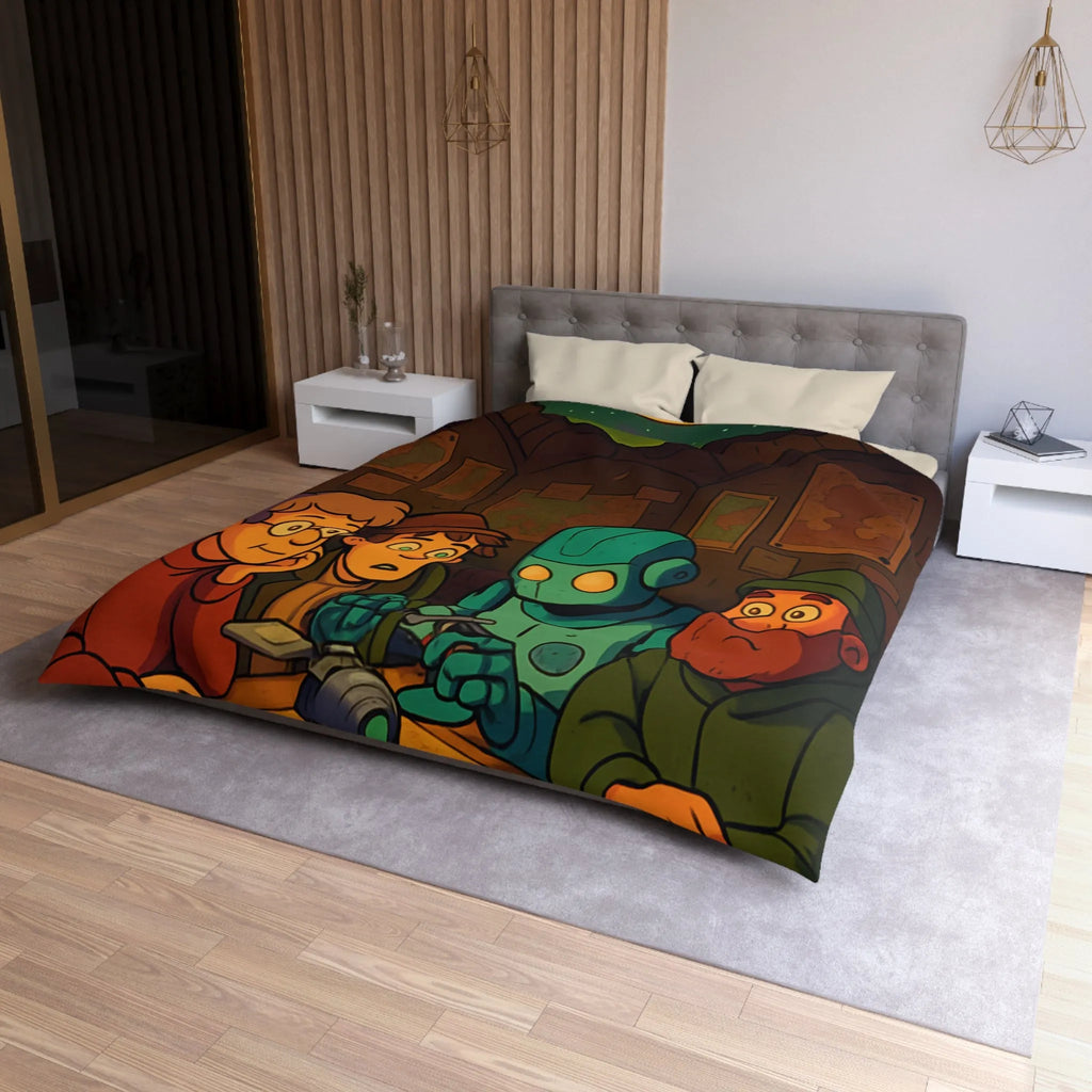 Housse de couette avec scène animée de nuit, stratégie autour de cartes et robot