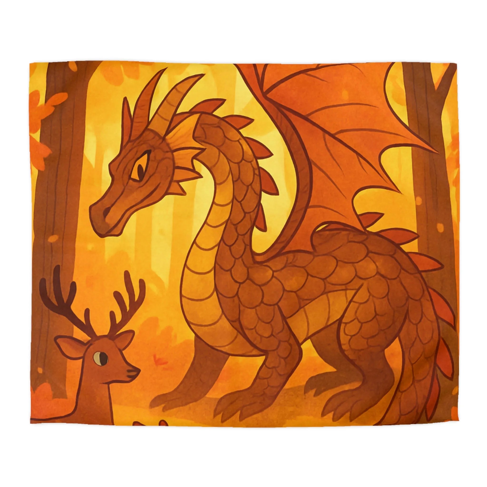 Housse de couette dragon feuille automne avec renards et cerfs en forêt magique
